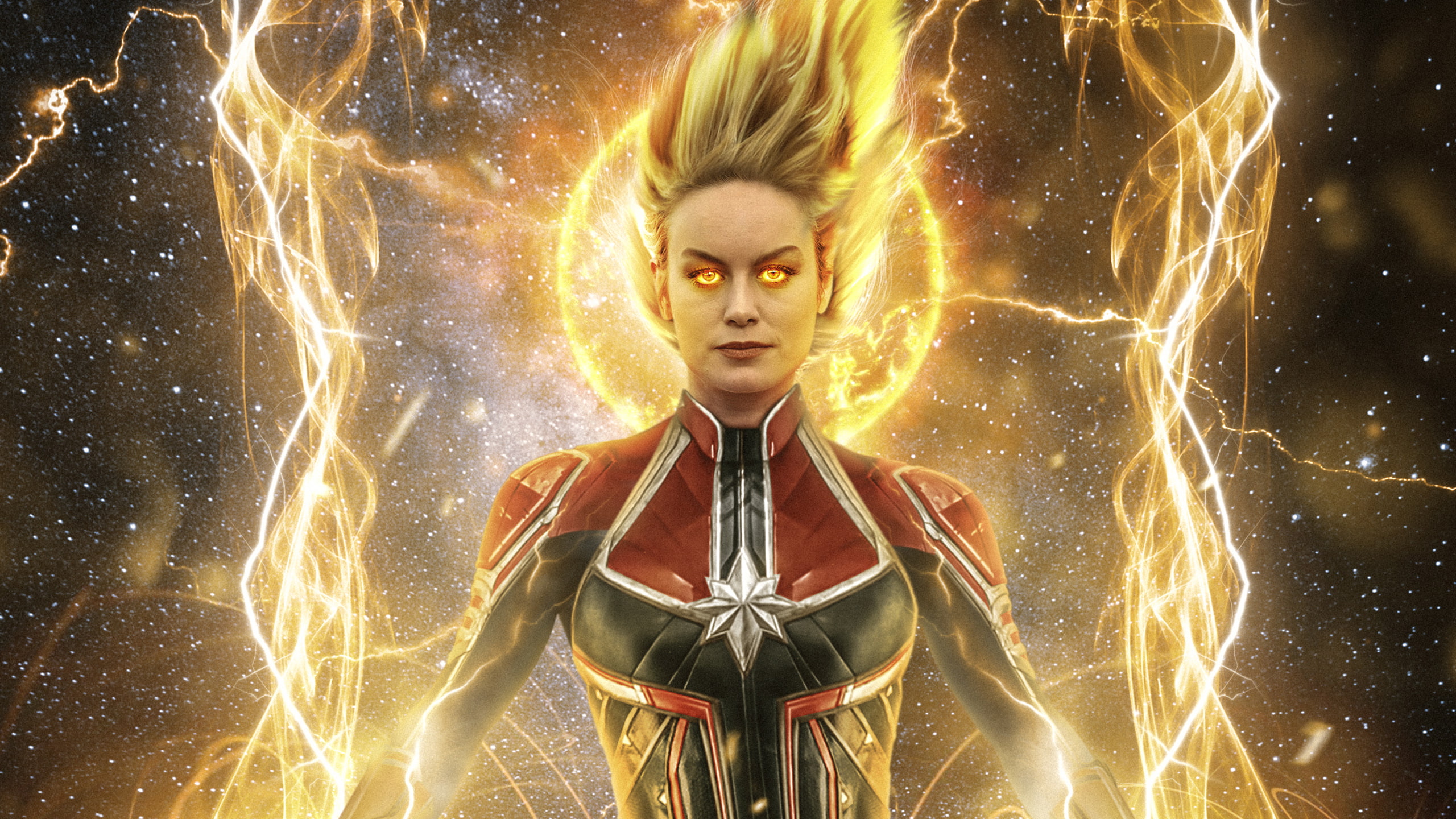 portrait, motion, Larson, women, standing, 2K, warning sign, Captain, mid adult, looking at camera, fire - natural phenomenon, one person, black background, HD Wallpaper