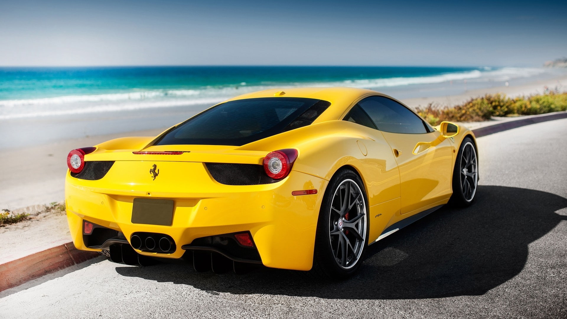 land vehicle, travel, beach, land, personal land vehicle, day, Ferrari, road, outdoors, shore, water, yellow, sunlight, transportation, yellow cars, taxi, HD Wallpaper