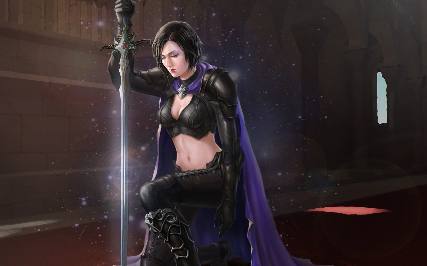 one person, night, three quarter length, character, female, 720P, standing, indoors, beauty, fantasy art, fashion, holding, adult, kneeling, women, sword, HD Wallpaper