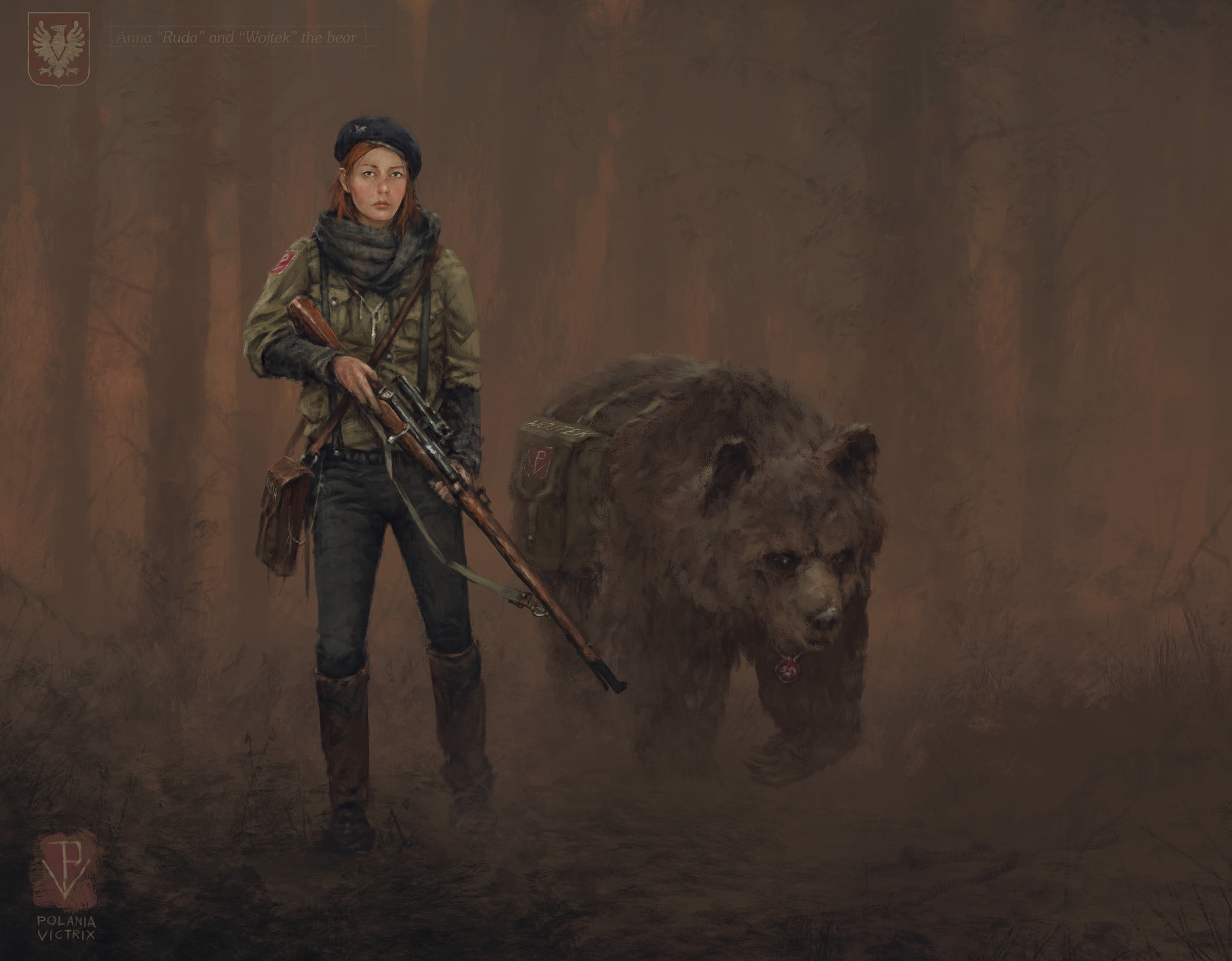 lifestyles, 1080P, one person, woman, full length, near, weapon, front view, domestic animals, Polish, adult, fan art, mammal, standing, digital art, Wojtek, HD Wallpaper