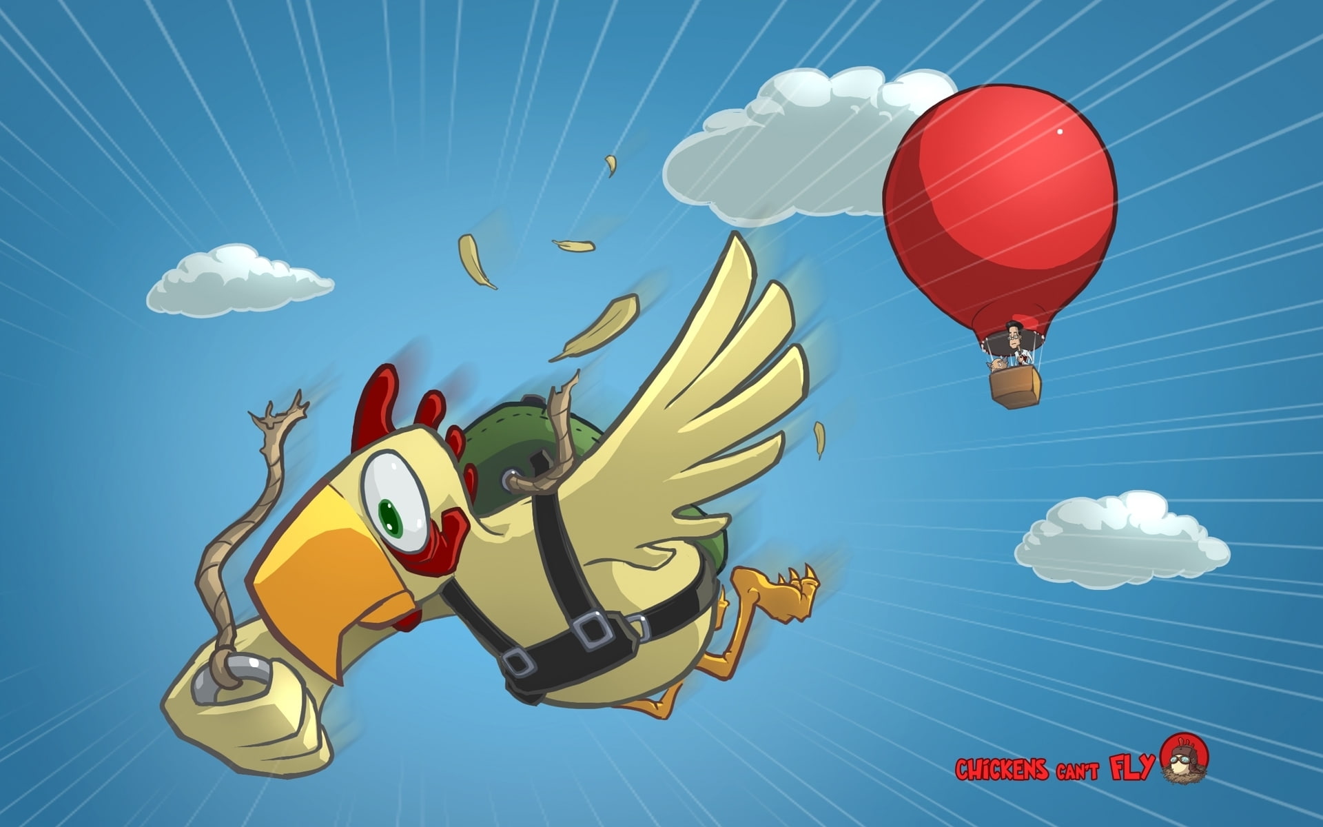 1080P, art, cant, chickens, flying, yellow, hot, holding, red, chicken, fly, air, clip, rope, balloon, HD Wallpaper