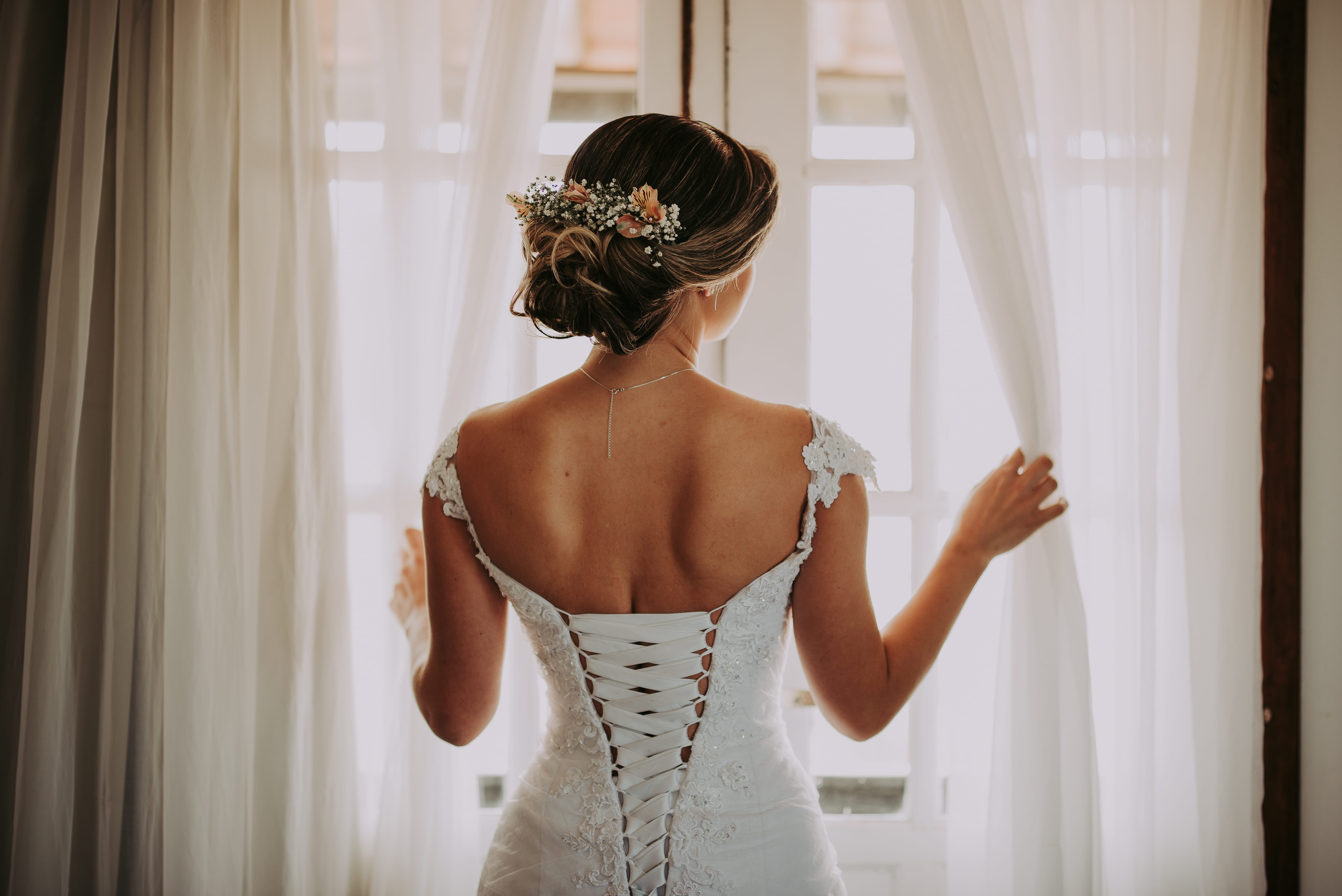 leisure activity, young adult, woman, 5K, preparation, near, women, outside, curtain, adult, holding, indoors, standing, white color, real people, wedding dress, HD Wallpaper