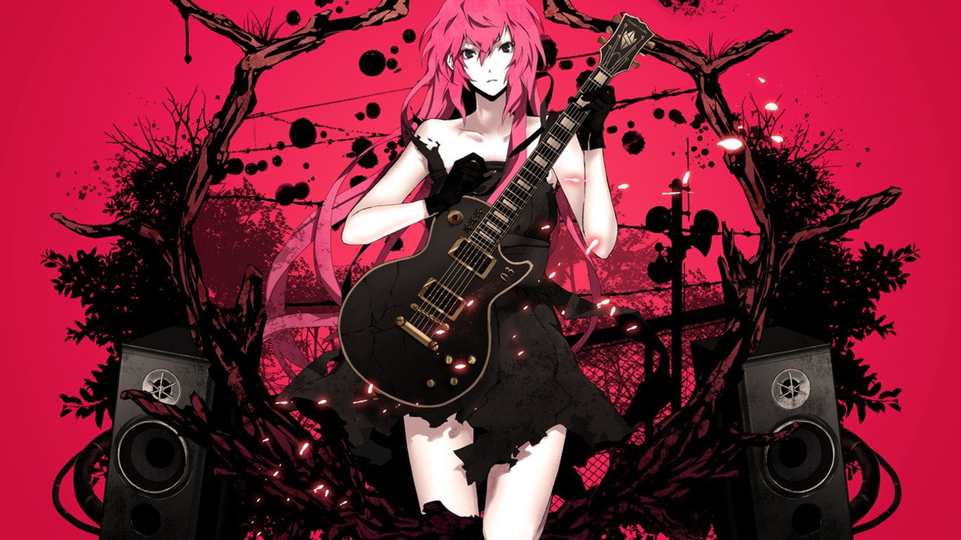 girl, one person, wearing, electric guitar, rock music, holding, Vocaloid, musical instrument, Luka Megurine, rock musician, illustration, artist, dress, HD Wallpaper