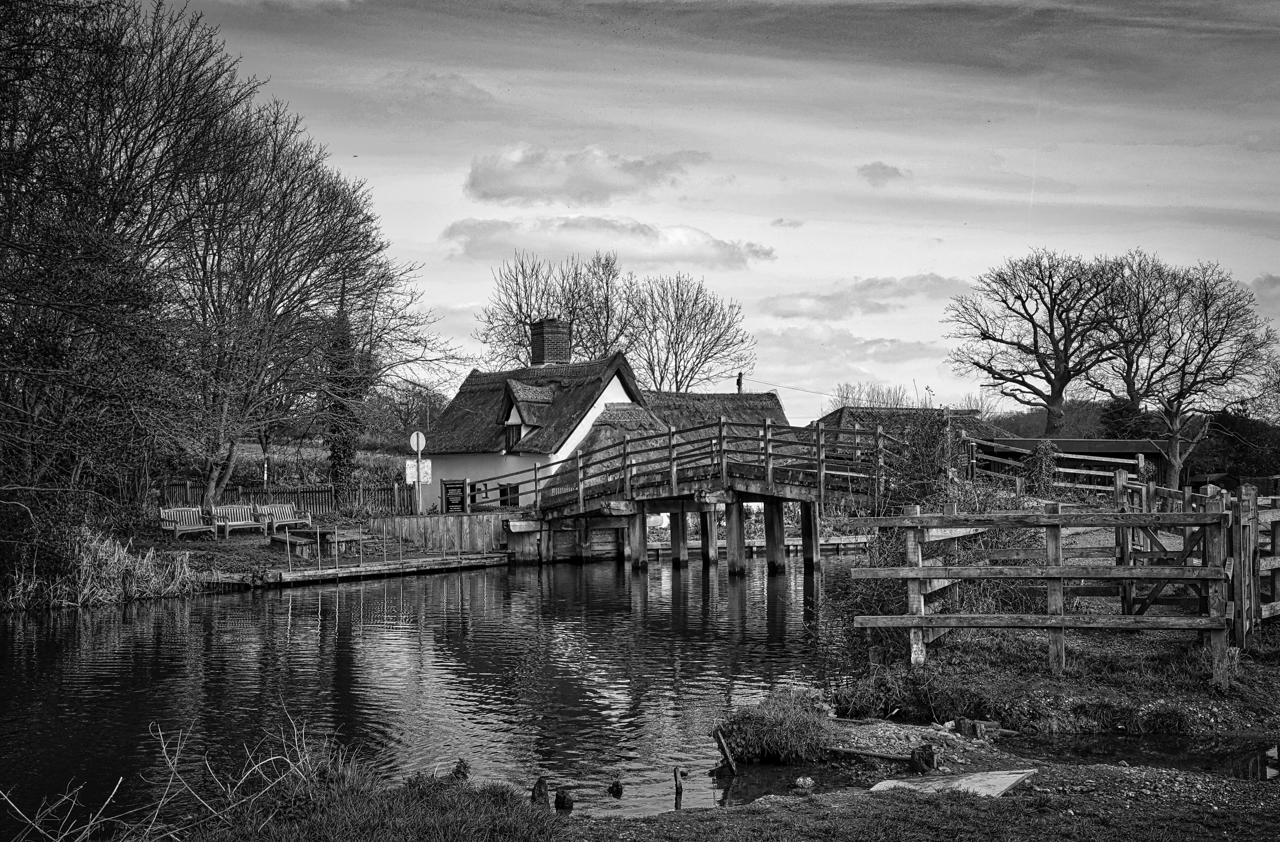 outdoors, Cottage, John Constable, no people, bare tree, reflection, thatched, cloud - sky, historic, country, river, building exterior, Flatford, plant, HD Wallpaper