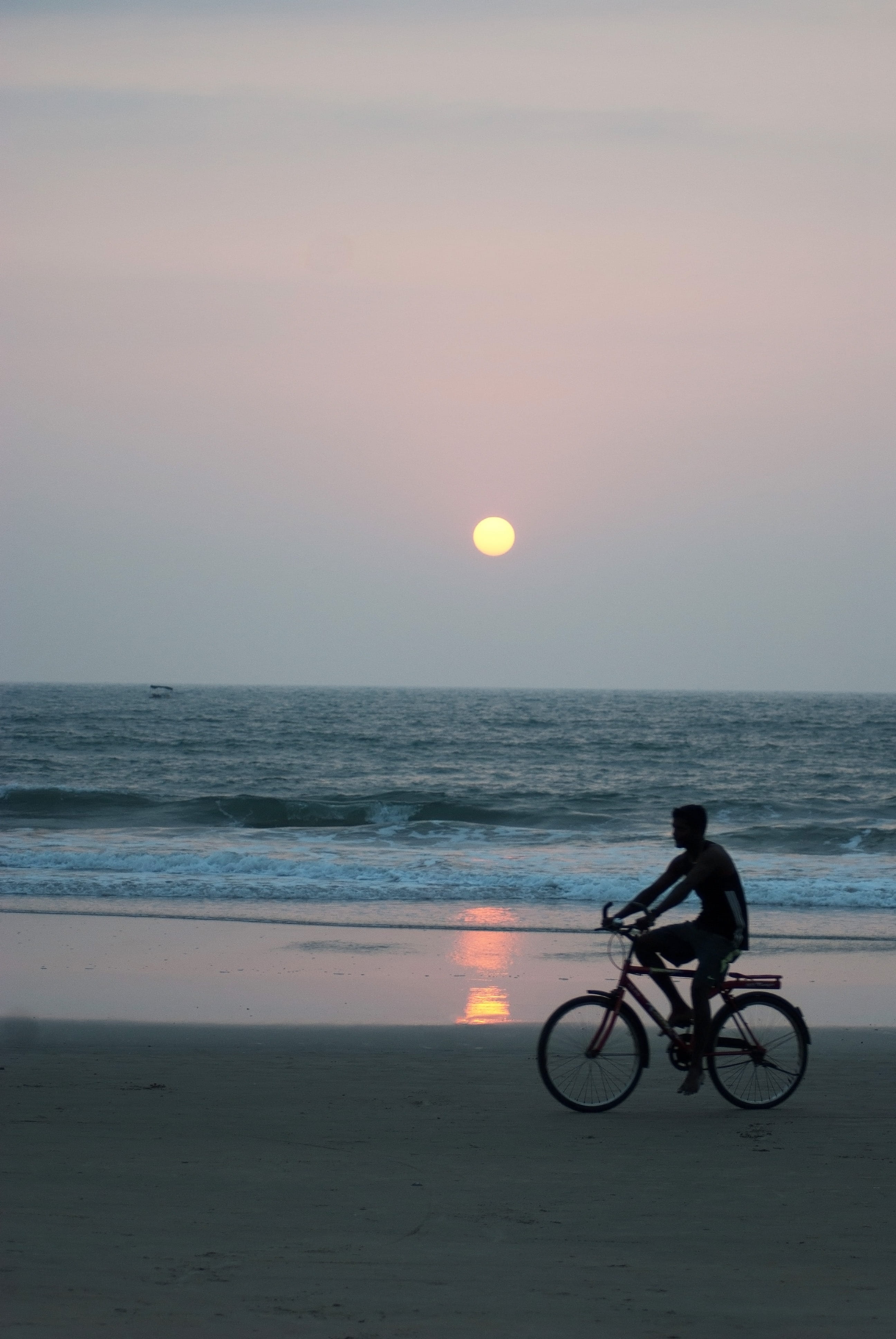ocean, bicycle, sunset, summer, lifestyles, seascape, water, sky, outdoors, view, beauty in nature, dusk, idyllic, man, wide, reflection, twilight, riding, Phone HD Wallpaper