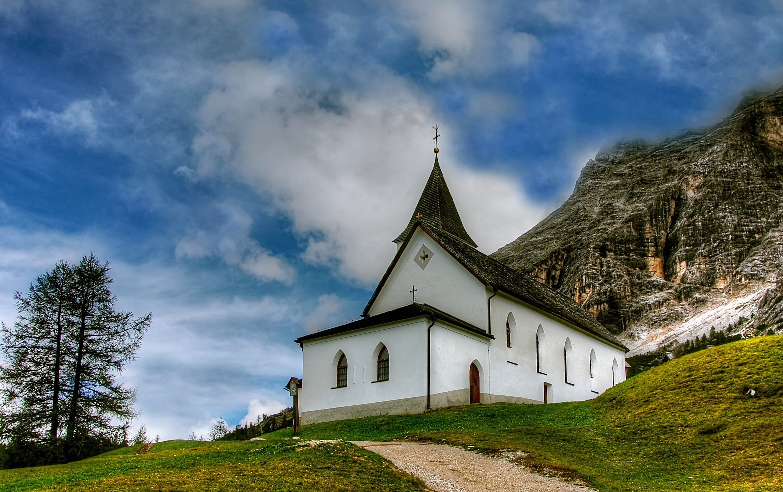 no people, alpine panorama, steep, panorama, idyllic, spire, outlook, belief, rocky, alpenpanorma, grass, clouds, building exterior, mountains, plant, summer, HD Wallpaper