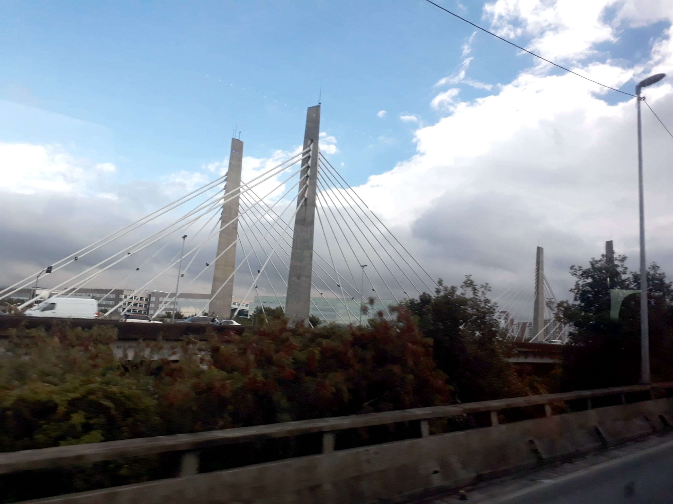 connection, built structure, cable, tree, low angle view, building exterior, road, cable-stayed bridge, architecture, bridge, clouds, cloud - sky, plant, HD Wallpaper