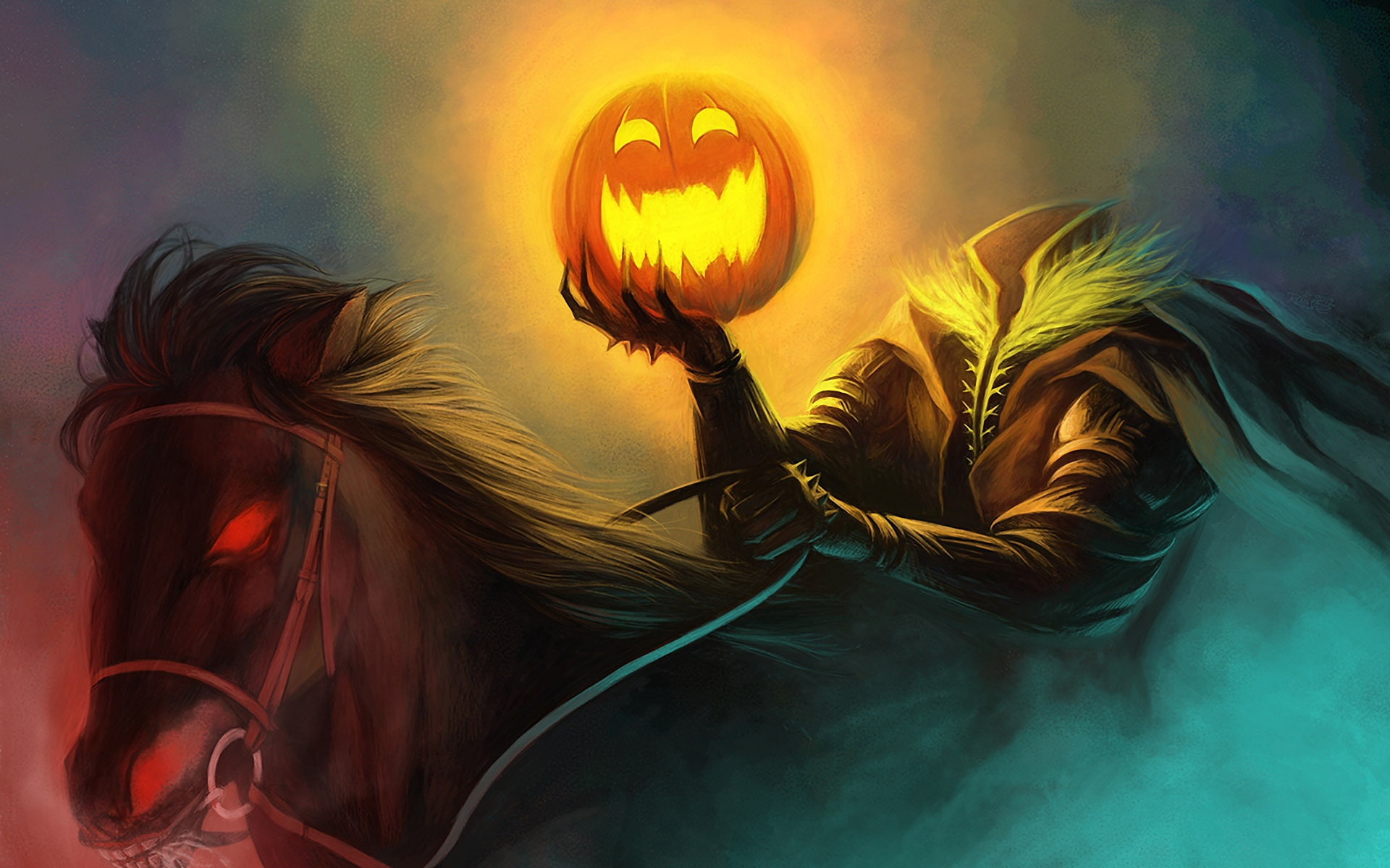 Pumpkin, Art, Eyes, Halloween, 1080P, Horse, Burning, Light, horseman, Painting, HD Wallpaper