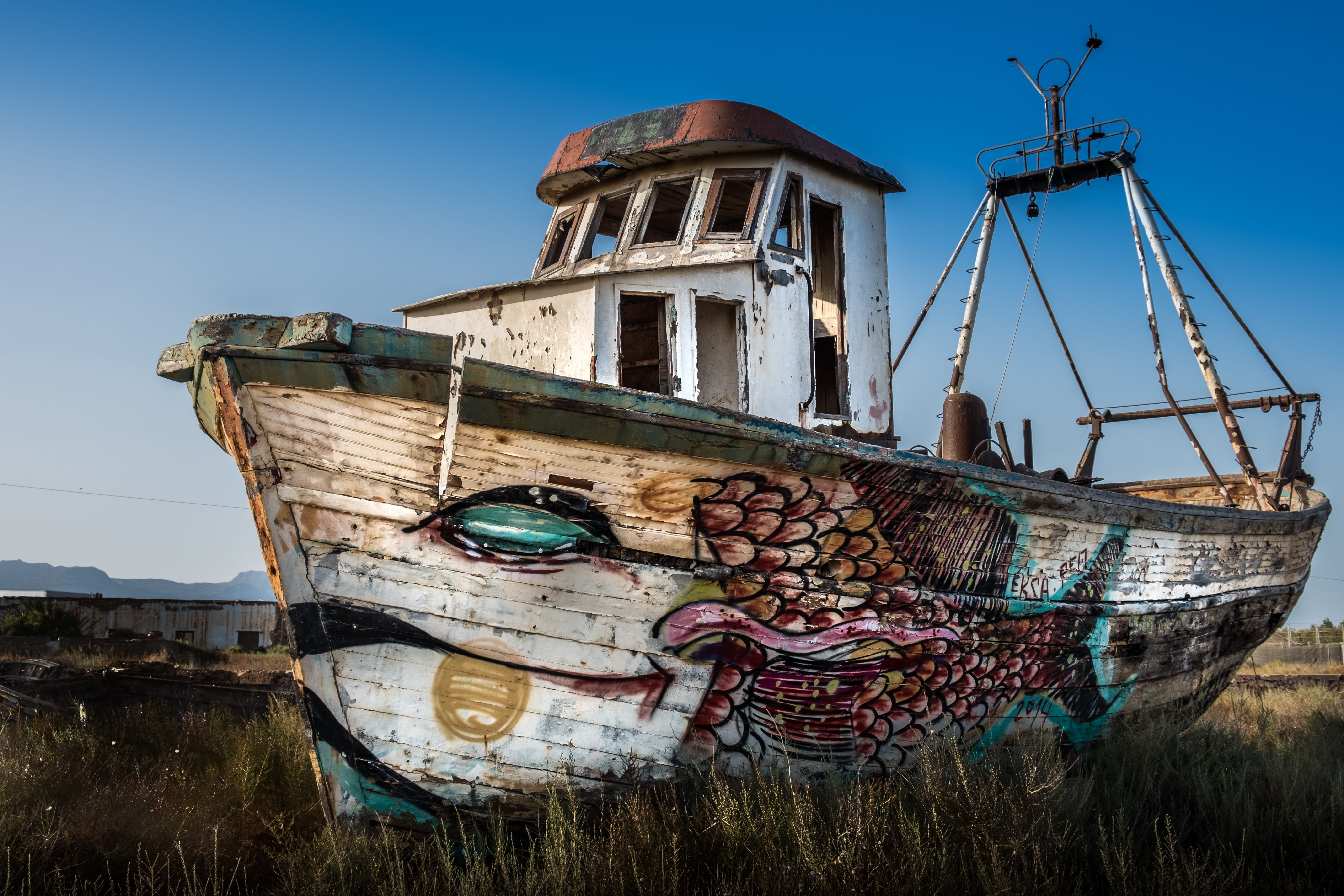 boat, brown, Abandoned Ship, grass, Sea, art, day, obsolete, damaged, nature, daytime, clear sky, blue, painting, abandoned, mode of transportation, nautical Vessel, HD Wallpaper