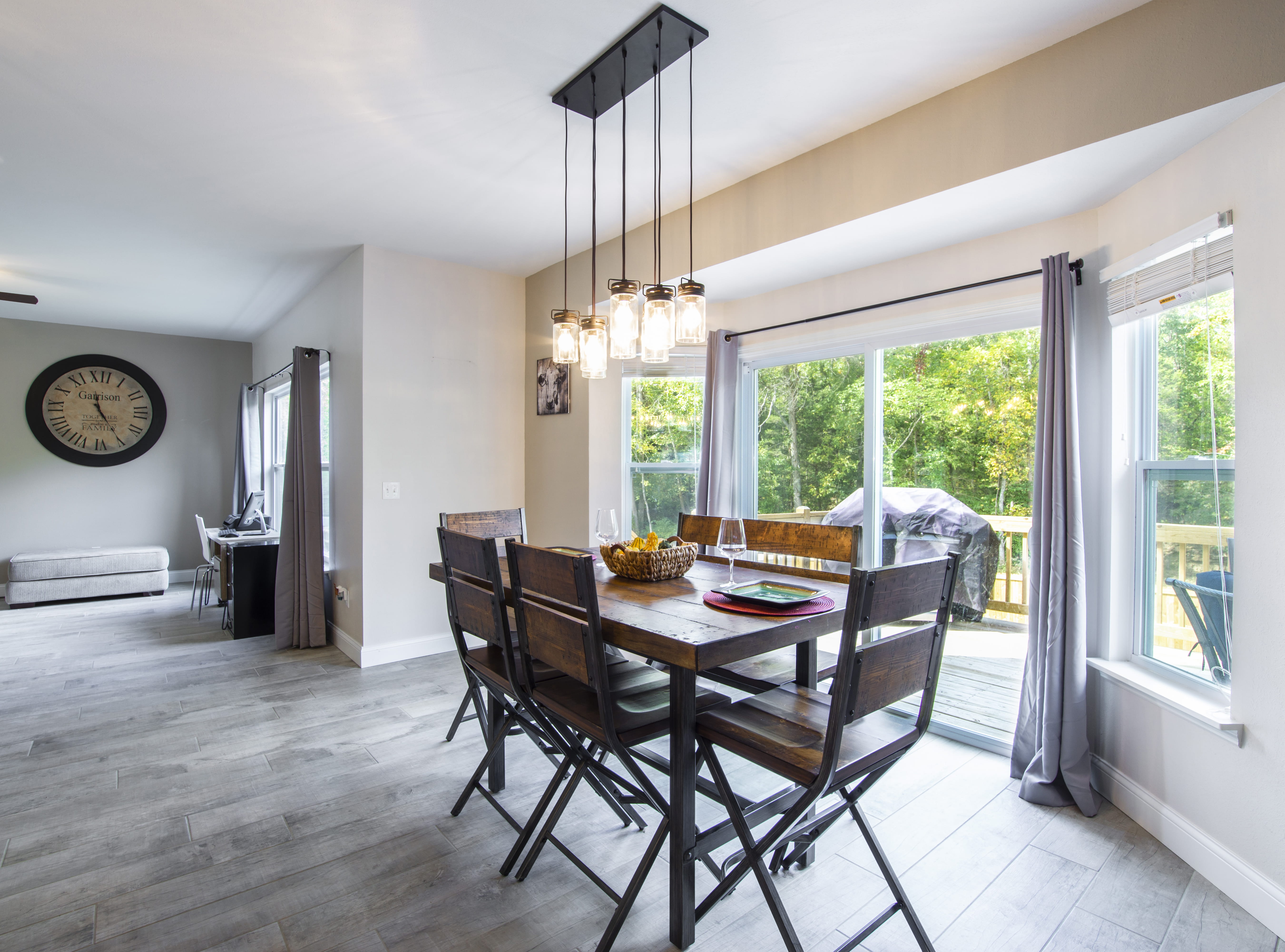 modern, entrance, dining table, lights, brown, architecture, lamps, curtains, sliding doors, yard, window, chairs, absence, wood, interior, windows, door, HD Wallpaper