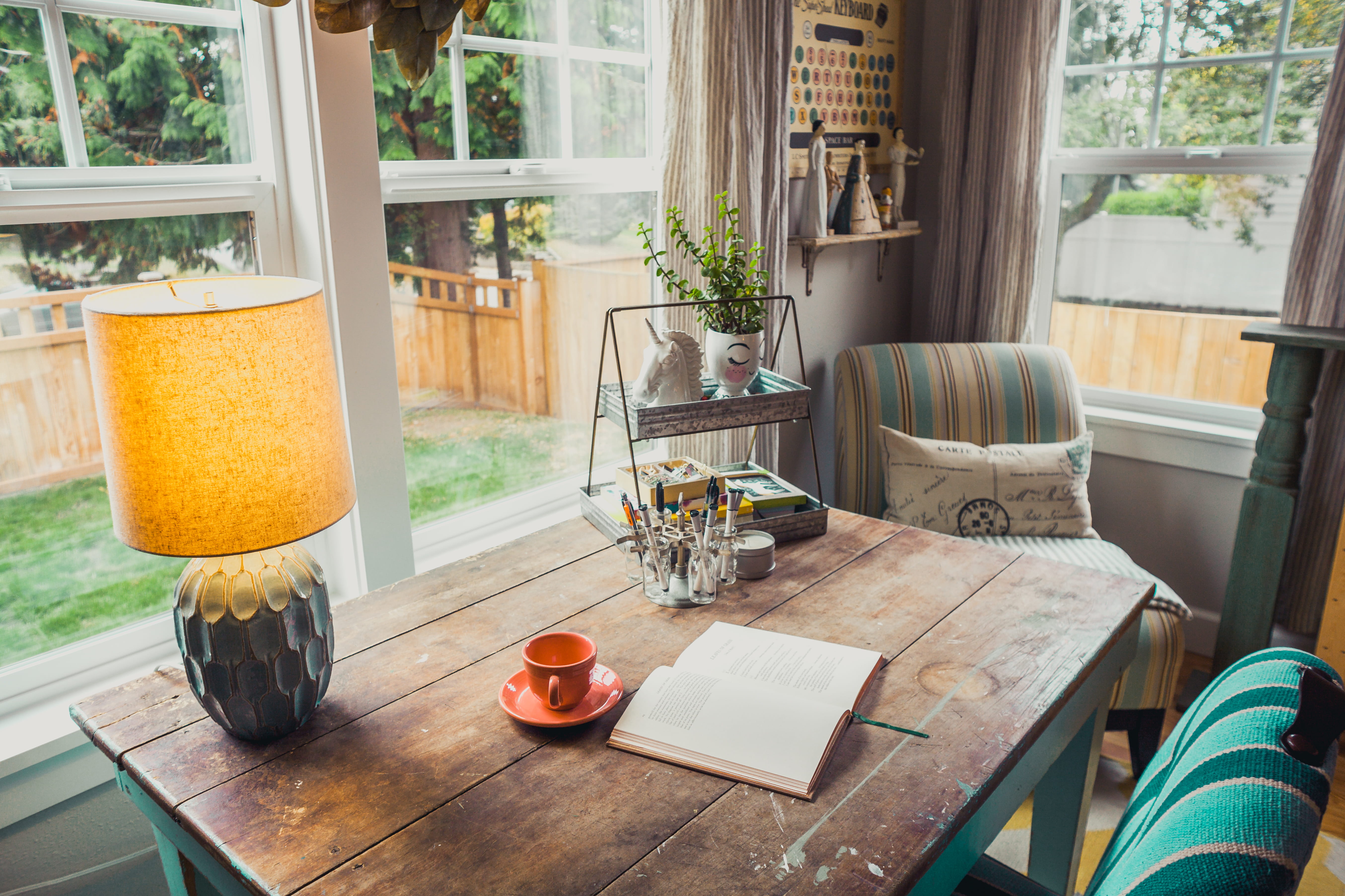 inside, table, plant, coffee, cool light, windows, indoors, design, throw pillow, still life, desk lamp, 5K, nature, glass - material, daylight, seat, HD Wallpaper