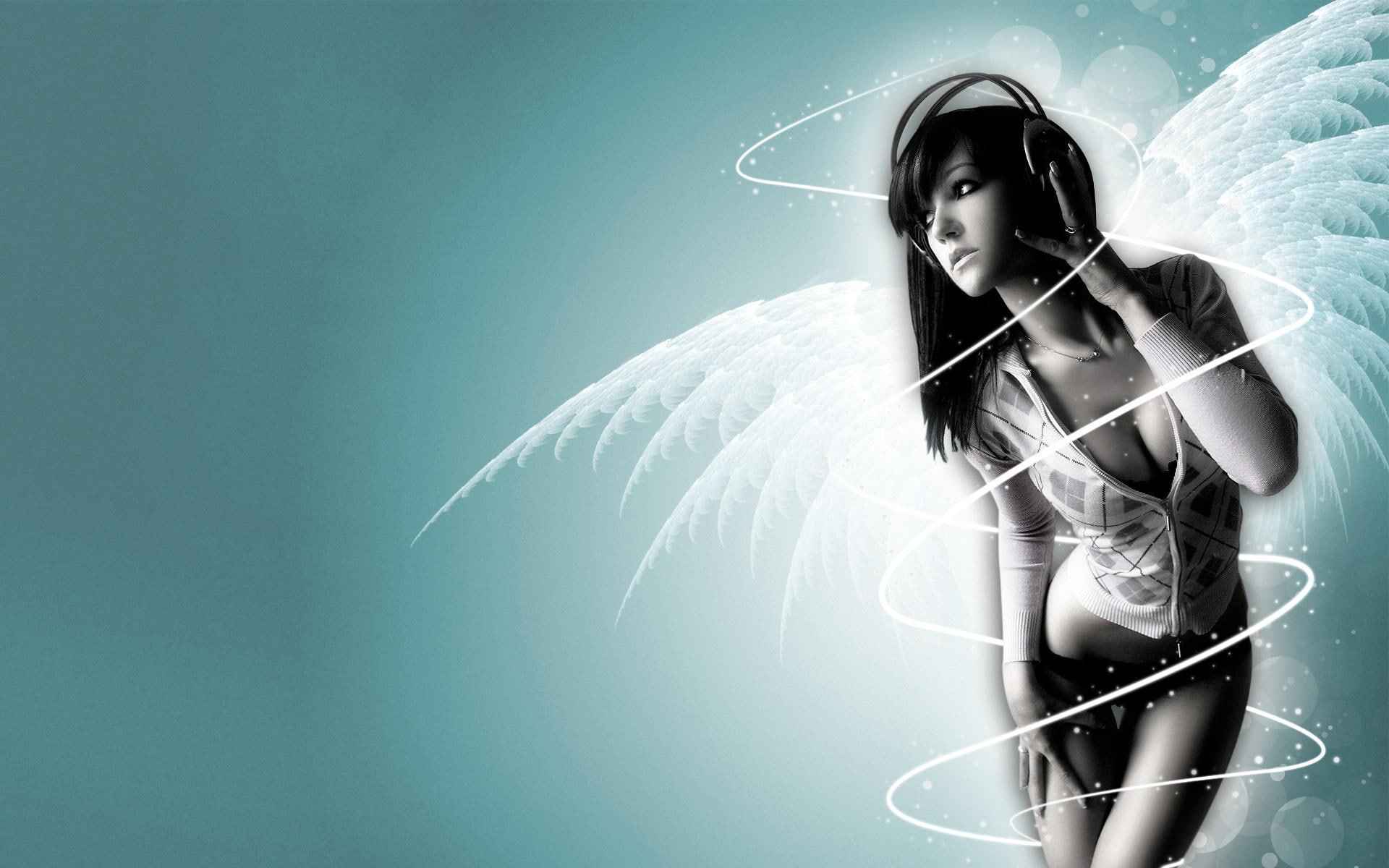 beautiful, 1080P, photoshop, artwork, girl, angel, headphones, music, wings, 3d and abstract, HD Wallpaper