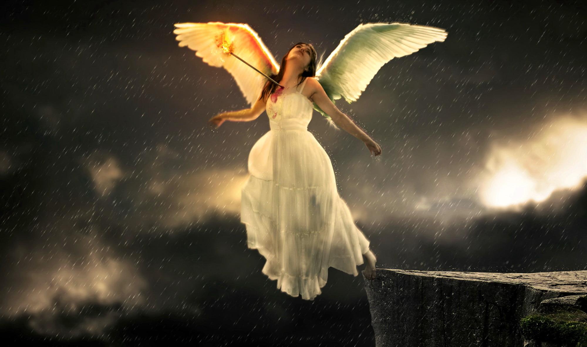 angel, 1080P, girl, darkness, rocks, white dressed, sandess, night, evening, sad, lady, woman, illustration, wings, HD Wallpaper