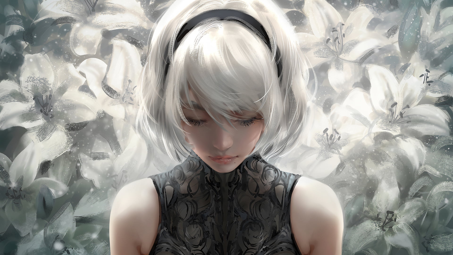 headband, white hair, Yorha unit no.2 type b, 1080P, polychromatic, short hair, flowers, HD Wallpaper
