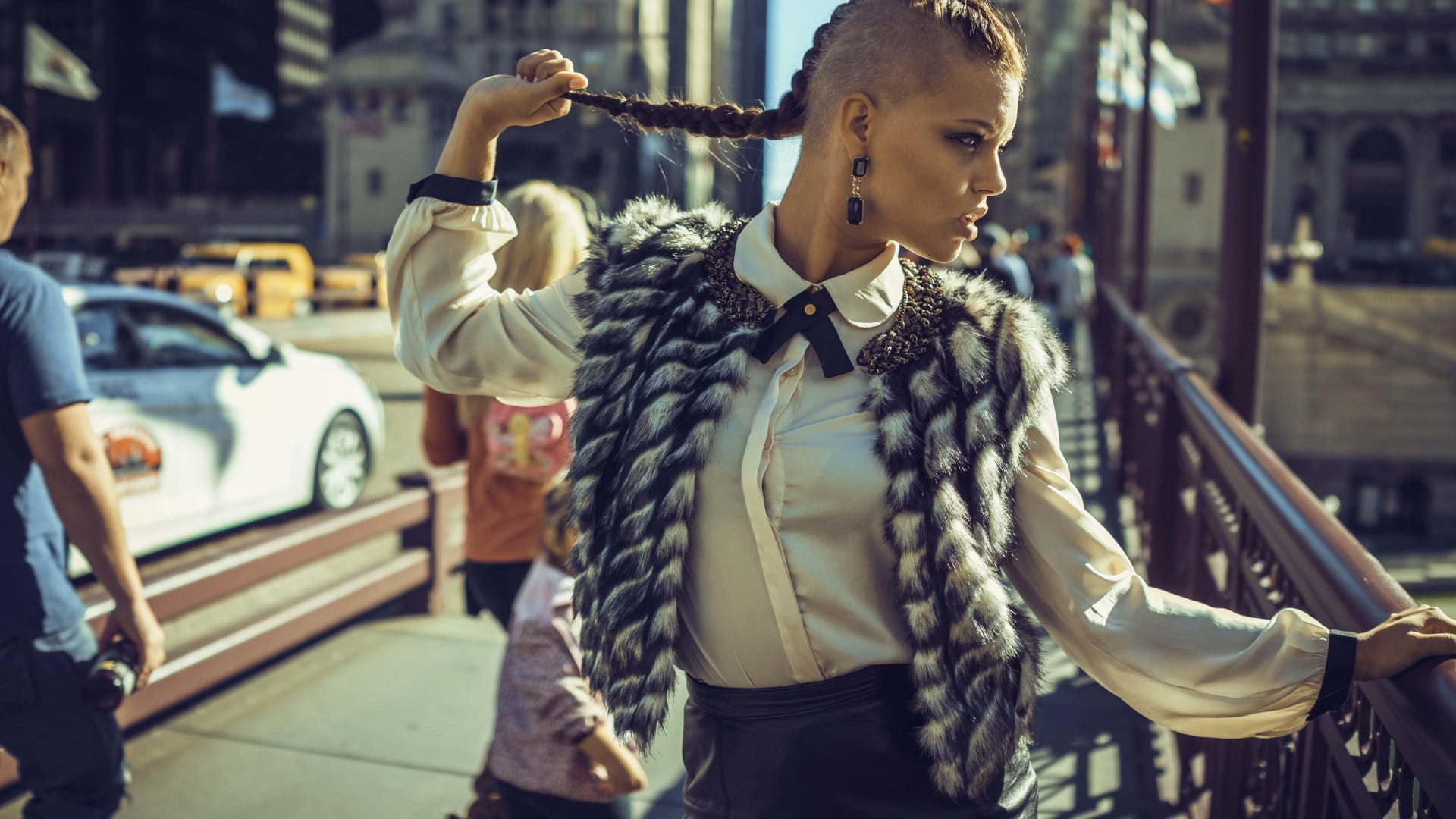 ponytail, city, focus on foreground, casual clothing, young adult, lifestyles, three quarter length, clothing, car, leather, teenager, model, motor vehicle, HD Wallpaper