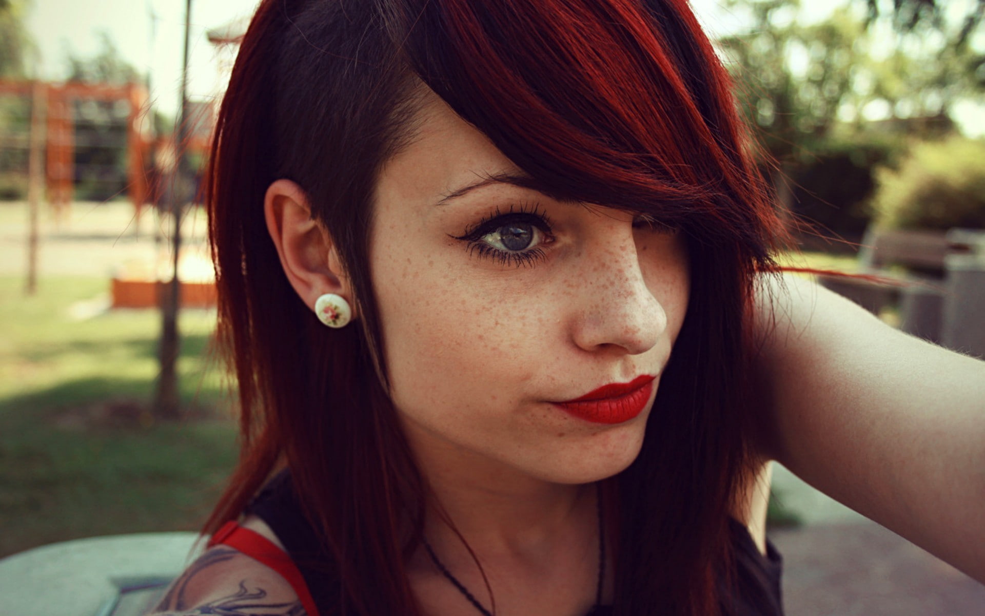 redhead, 1080P, lipstick, teen, sidecut, women, HD Wallpaper