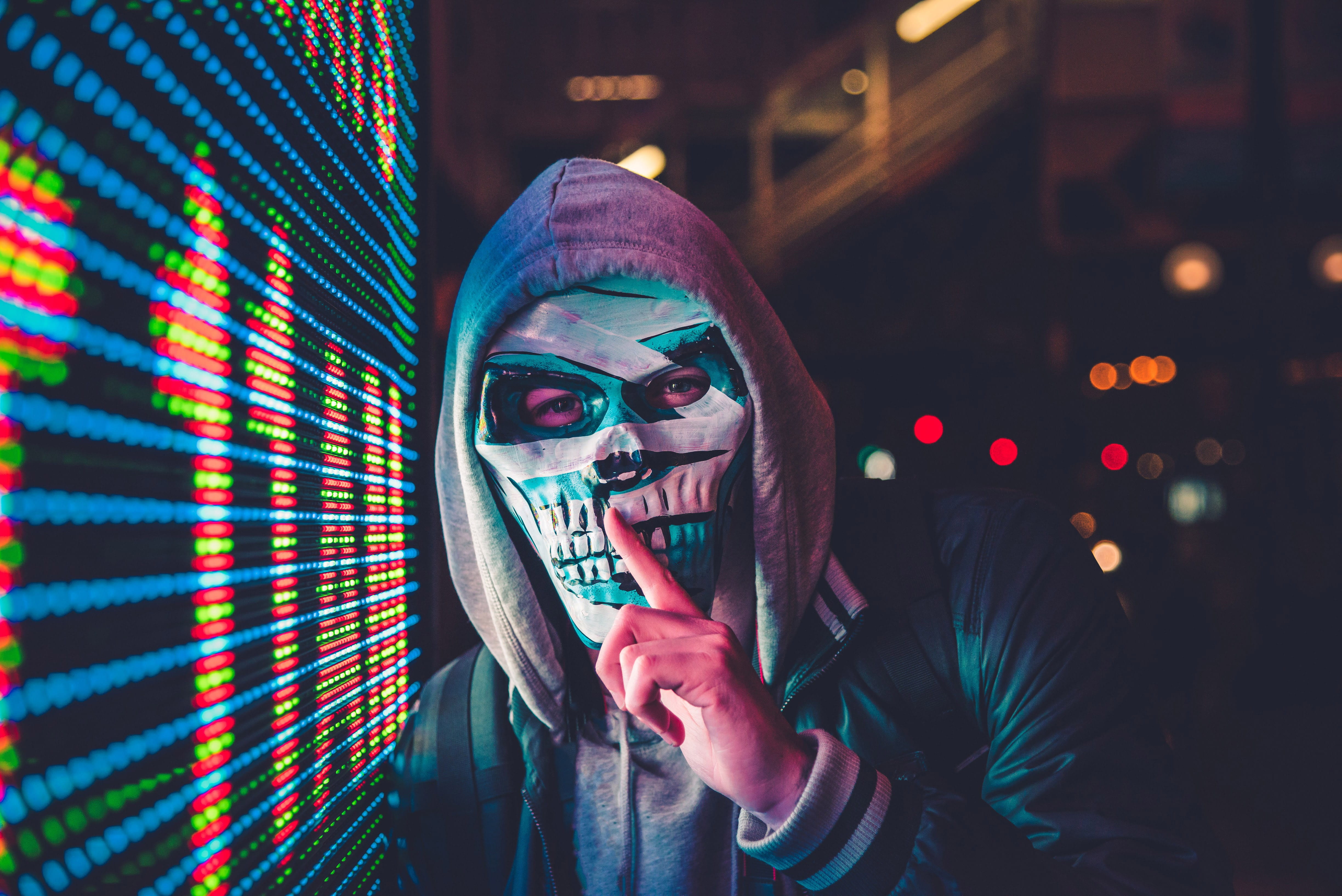 dark, portrait, illuminated, near, one person, obscured face, multi colored, young adult, unrecognizable person, headshot, led, emotion, night, disguise, HD Wallpaper