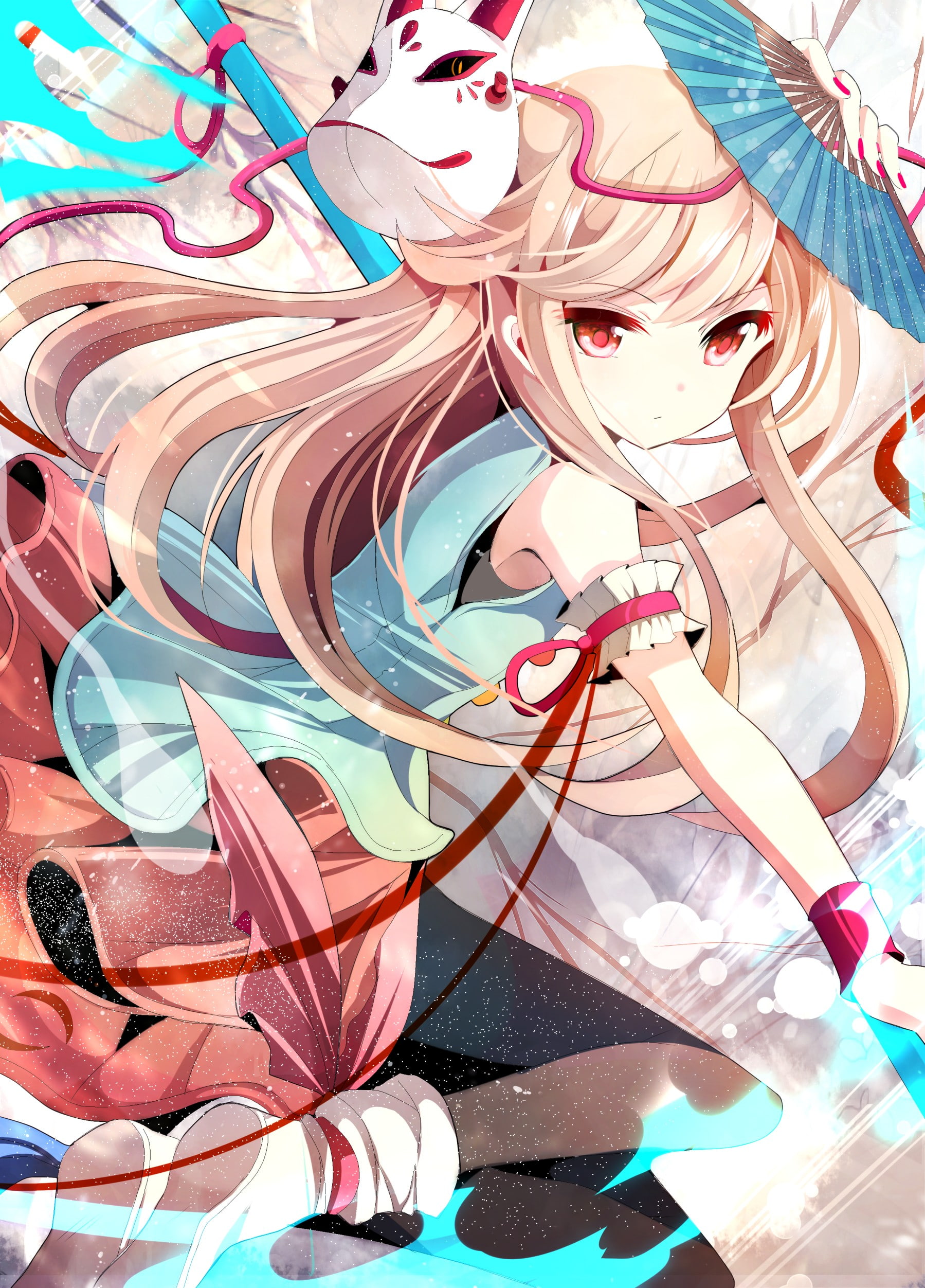 long hair, mask, anime, Touhou, 1080P, Hata no Kokoro, thighs, ribbon, skirt, anime girls, fans, Phone HD Wallpaper