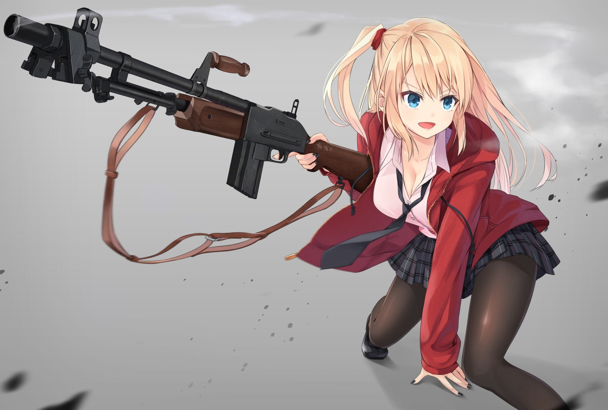 cleavage, weapon, skirt, anime, gun, open shirt, blonde, long hair, stockings, blue eyes, anime girls, 1080P, armor, HD Wallpaper