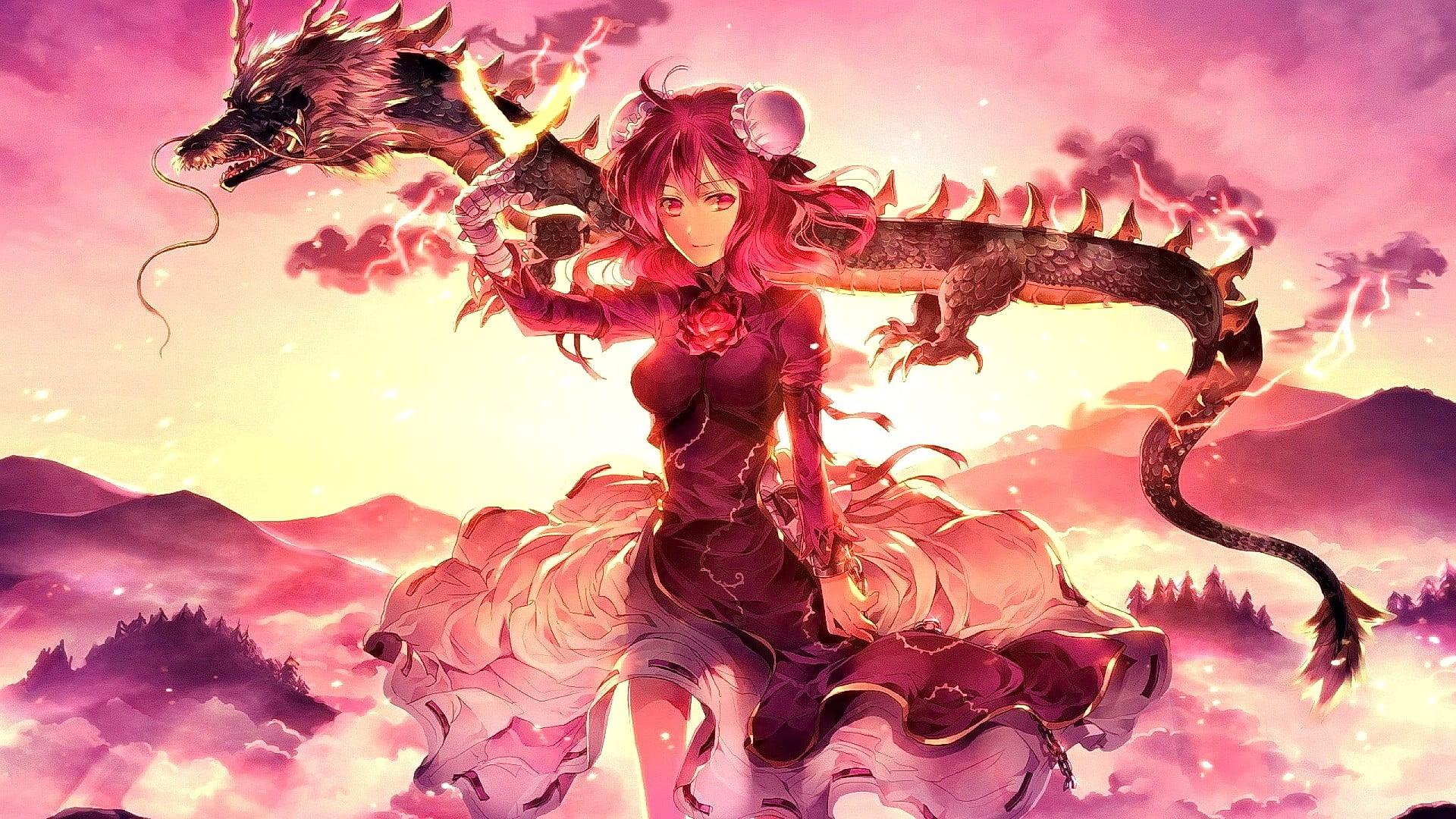 ribbon, real people, digital composite, close-up, art and craft, phoenix, bangs, beauty in nature, nature, anime girls, pink hair, Touhou, sky, plant, hair ornament, HD Wallpaper