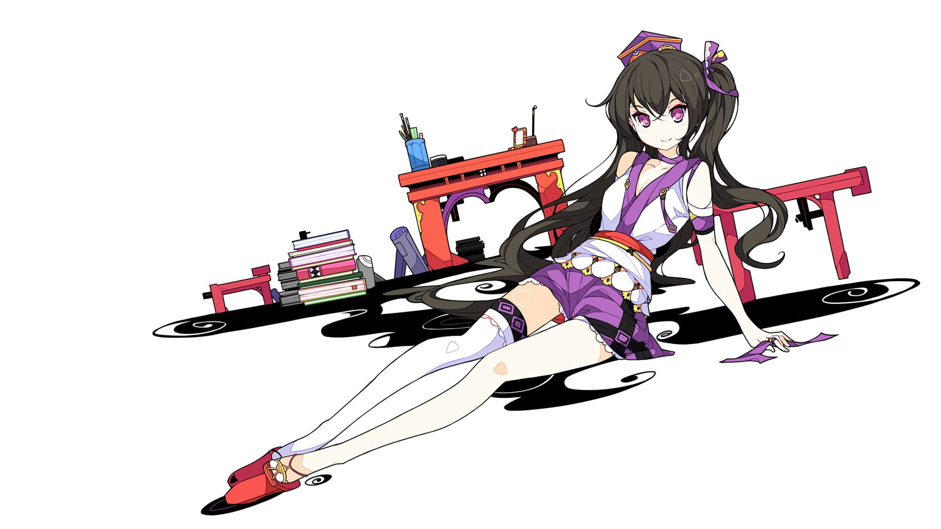 ribbon, thigh-highs, white background, Touhou, arts culture and entertainment, vitality, holding, Japanese clothes, video games, simple background, music, HD Wallpaper