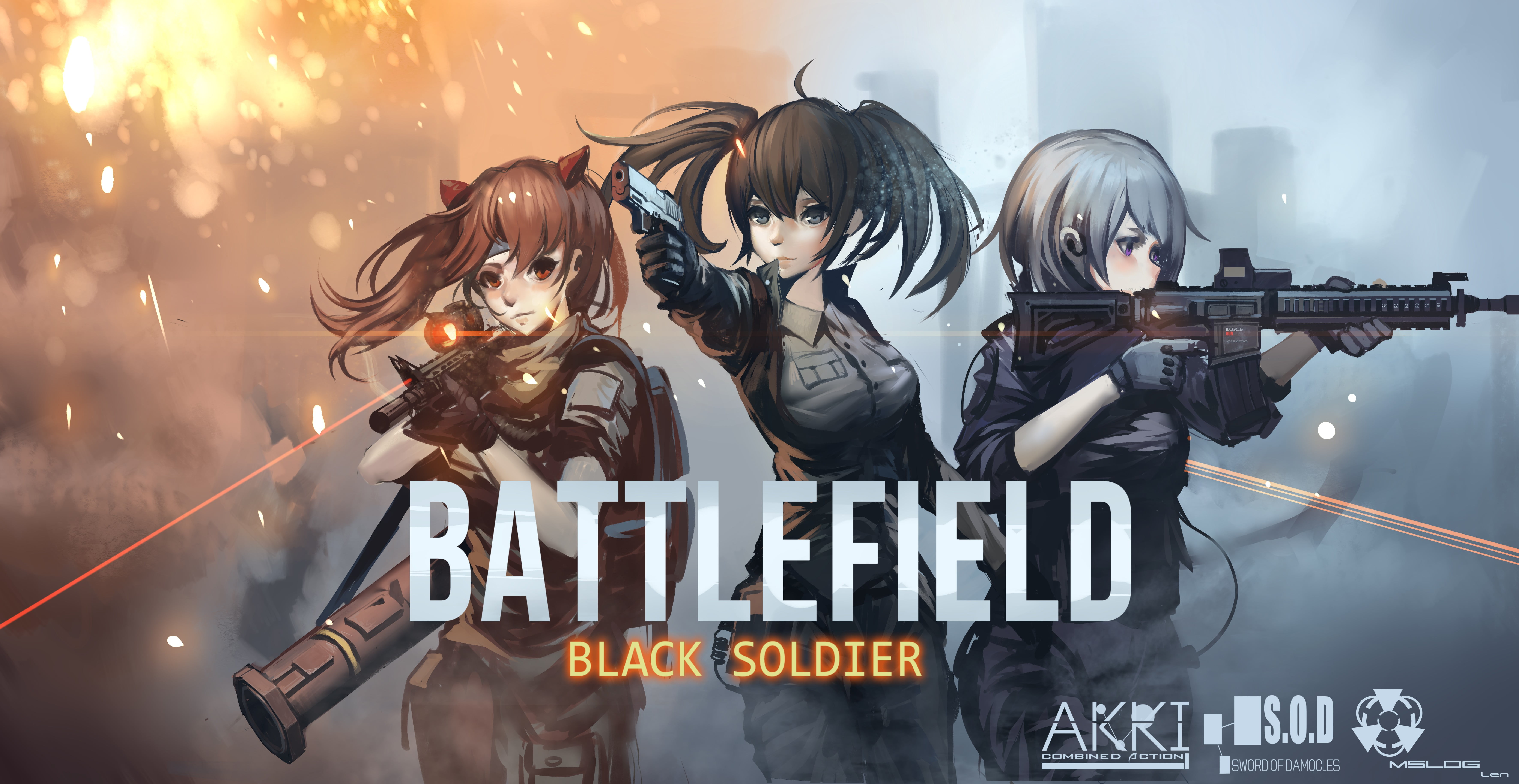 short hair, 5K, anime girls, protection, real people, waist up, weapon, helmet, people, Black Soldier, headwear, text, animal ears, standing, video games, HD Wallpaper