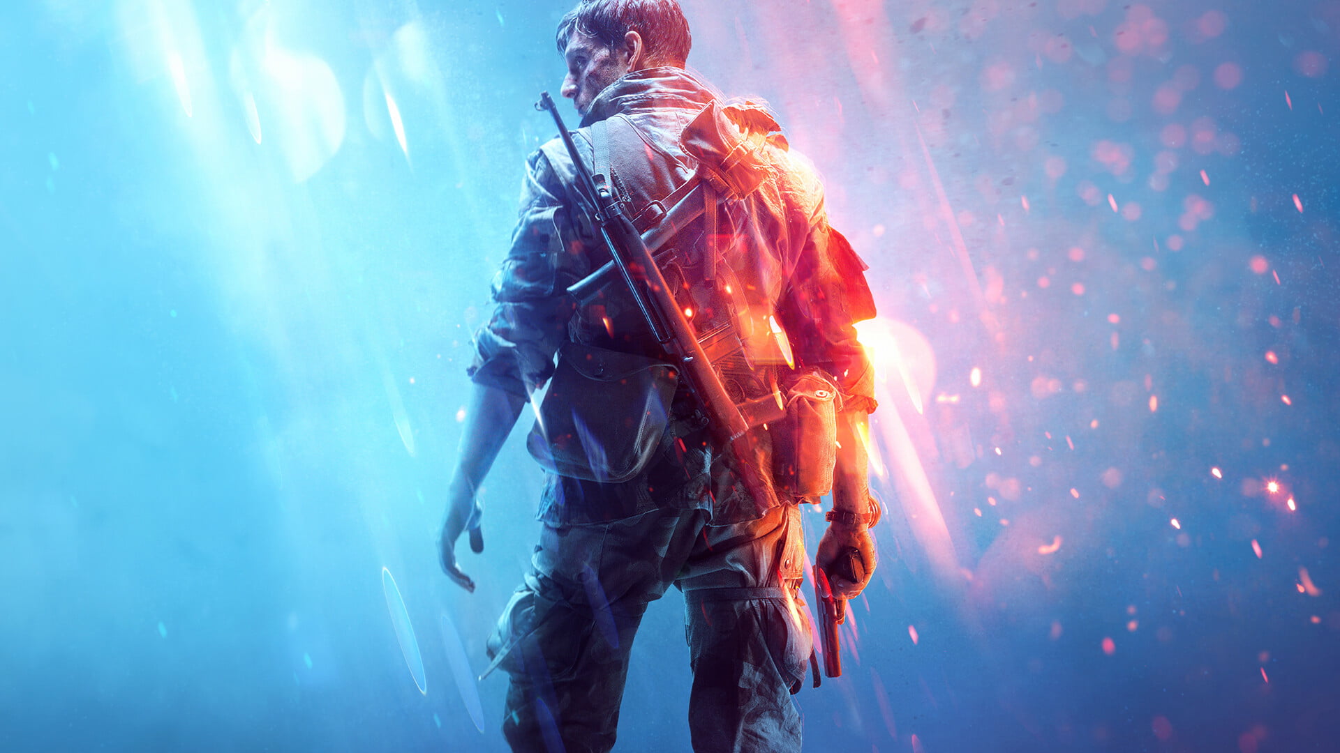 gun, Robert Sammelin, Battlefield V, SMG, pistol, men, soldier, 1080P, blue background, Battlefield, lights, HD Wallpaper