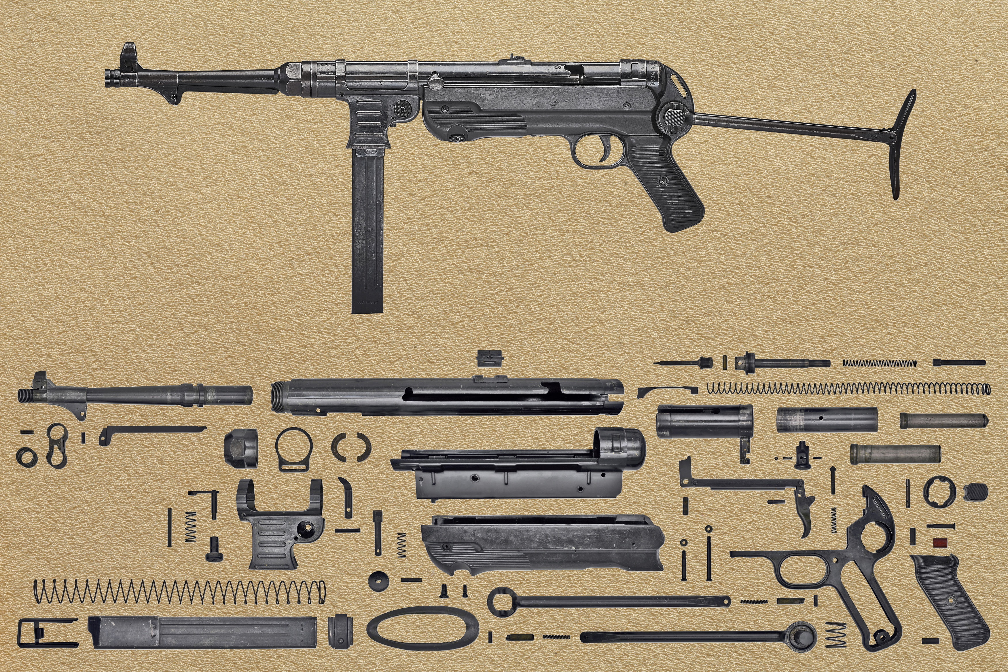 the gun, spare parts, background, 9 mm, MP-40, details, German, 2K, HD Wallpaper