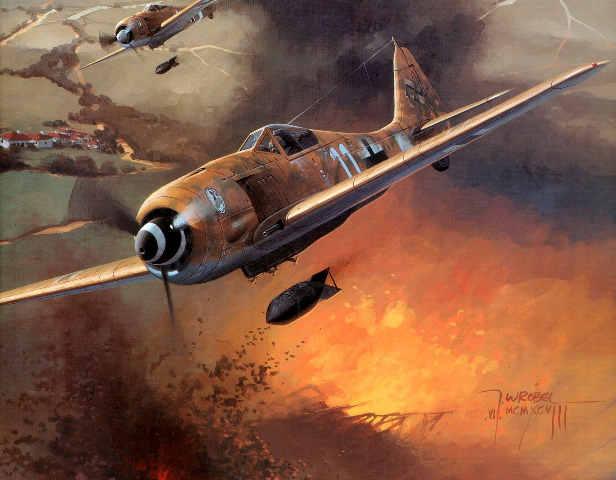 fw 190, military, day, smoke - physical structure, air vehicle, transportation, aircraft, no people, Luftwaffe, World War II, water, Germany, plane, 1080P, HD Wallpaper