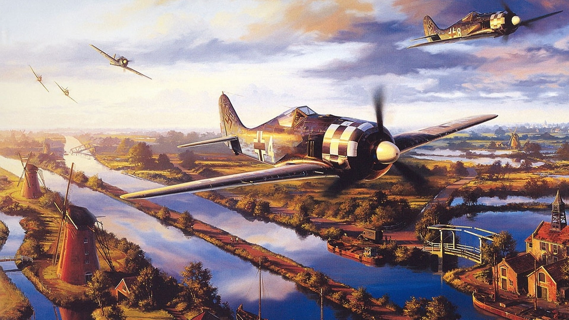 sky, cityscape, day, travel, Focke-Wulf, flying, World War II, mid-air, Germany, fw 190, aircraft, no people, building, 1080P, transportation, history, HD Wallpaper