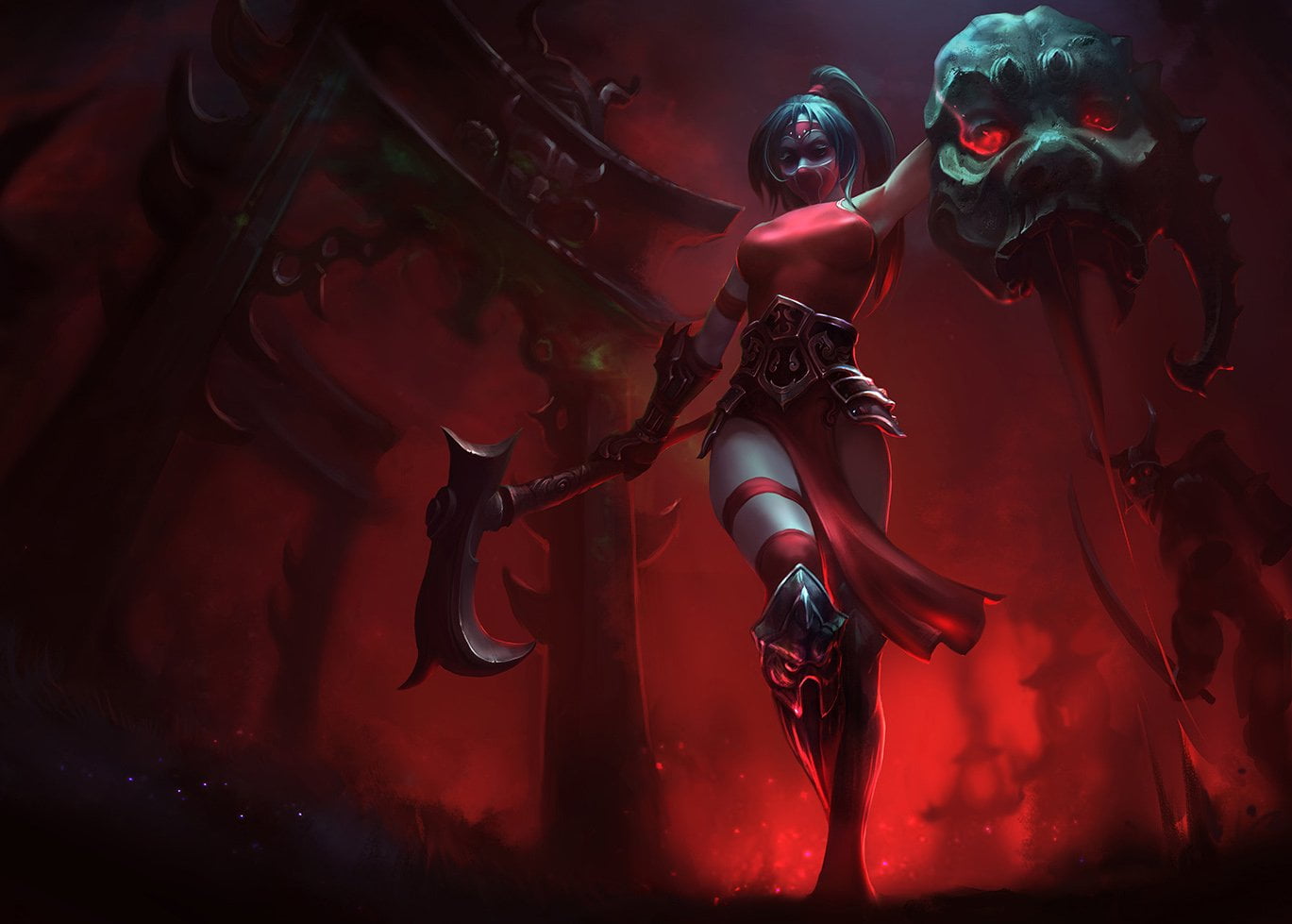 event, Video Game, clothing, paint, red, League Of Legends, 720P, metal, indoors, female, portrait, night, Akali (League Of Legends), mask, one person, HD Wallpaper