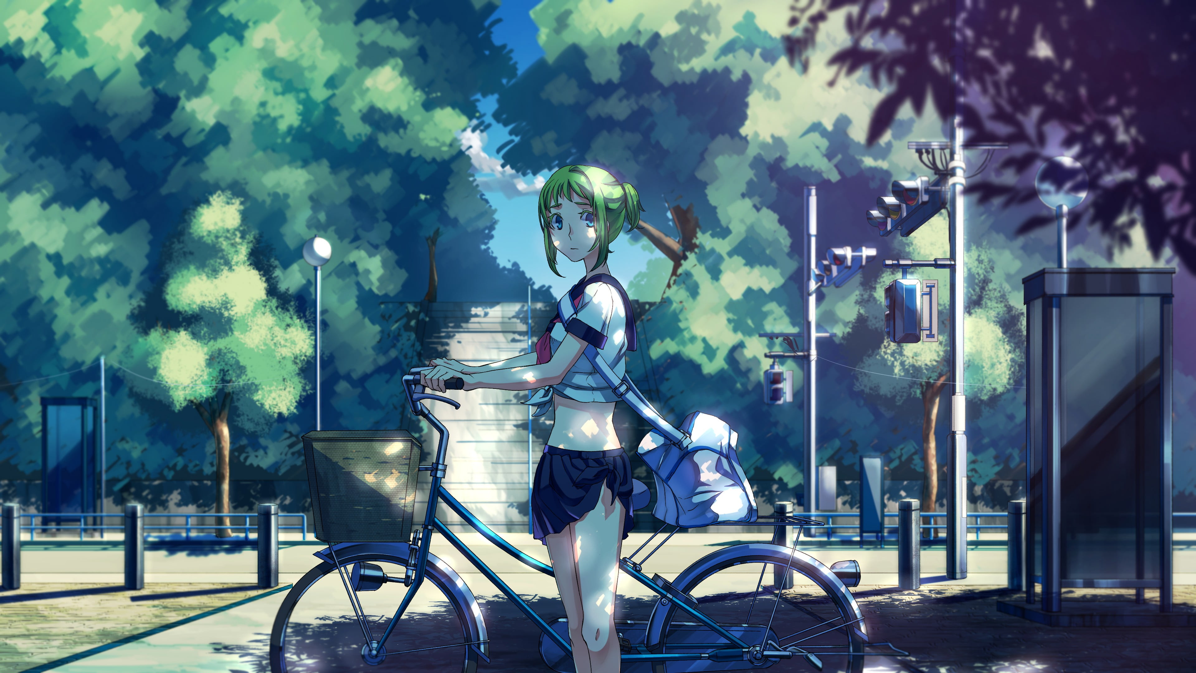 Vocaloid, city, architecture, lifestyles, Megpoid Gumi, men, riding, nature, character, land vehicle, day, female, leisure activity, real people, anime, HD Wallpaper