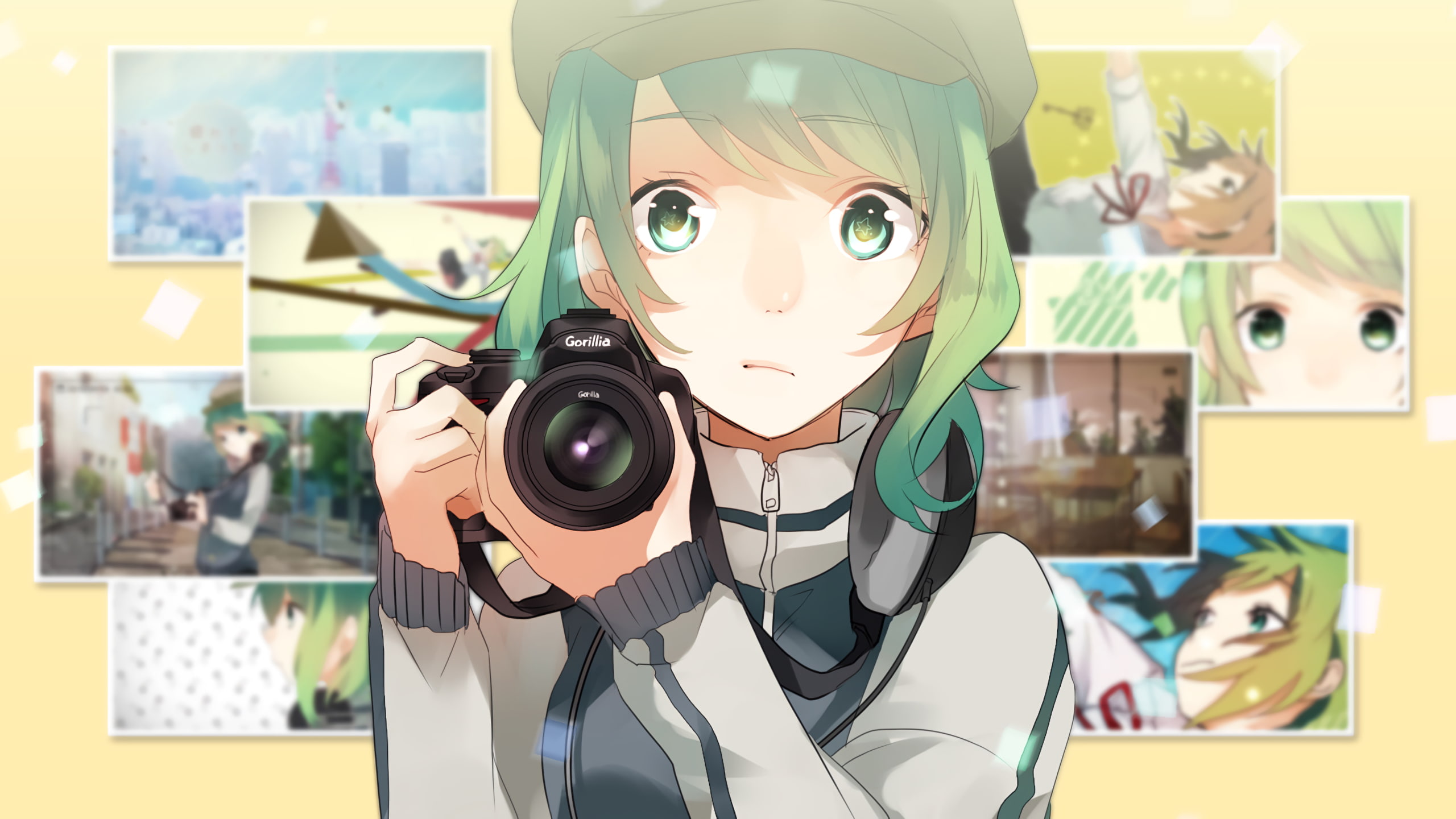 male likeness, green hair, young adult, portrait, female likeness, art and craft, green eyes, occupation, indoors, hat, representation, short hair, 2K, HD Wallpaper