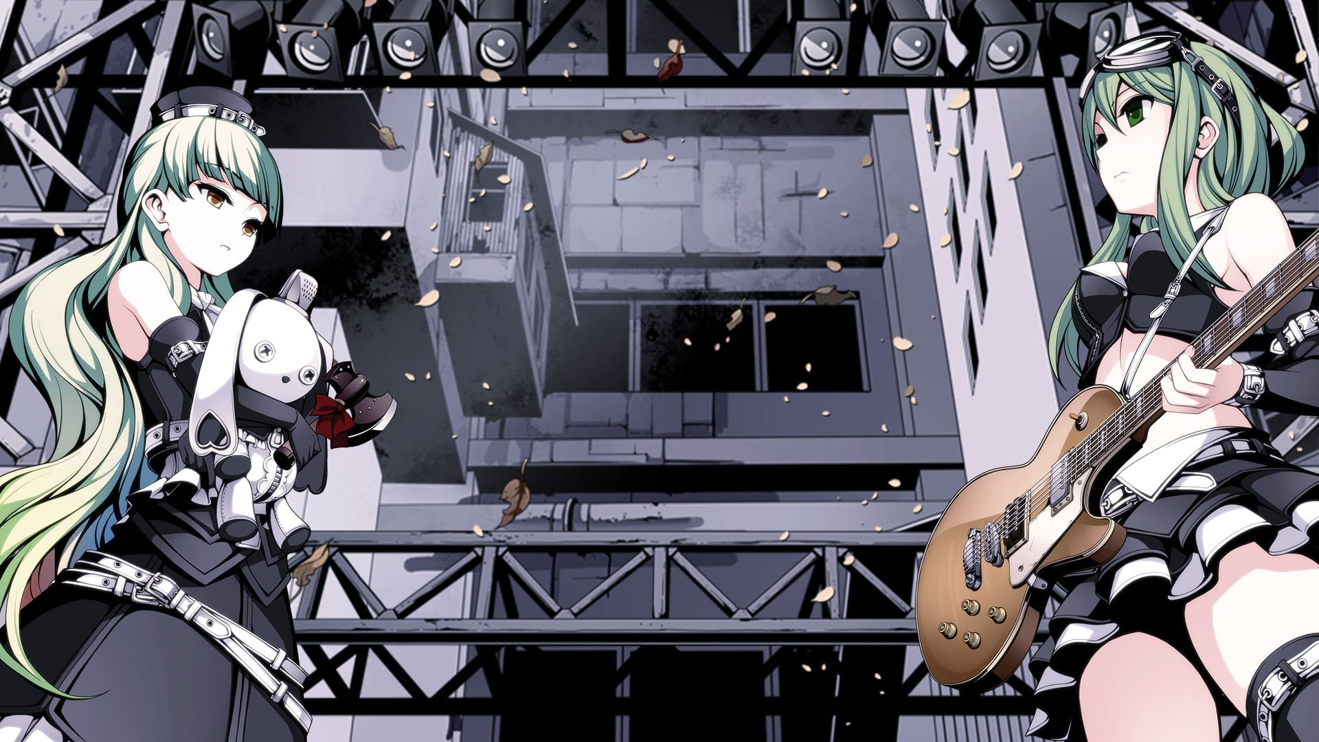 guitar, gray, black, day, built structure, representation, art and craft, wooden, manga, Mayu (Vocaloid), close-up, metal, no people, outdoors, human representation, HD Wallpaper