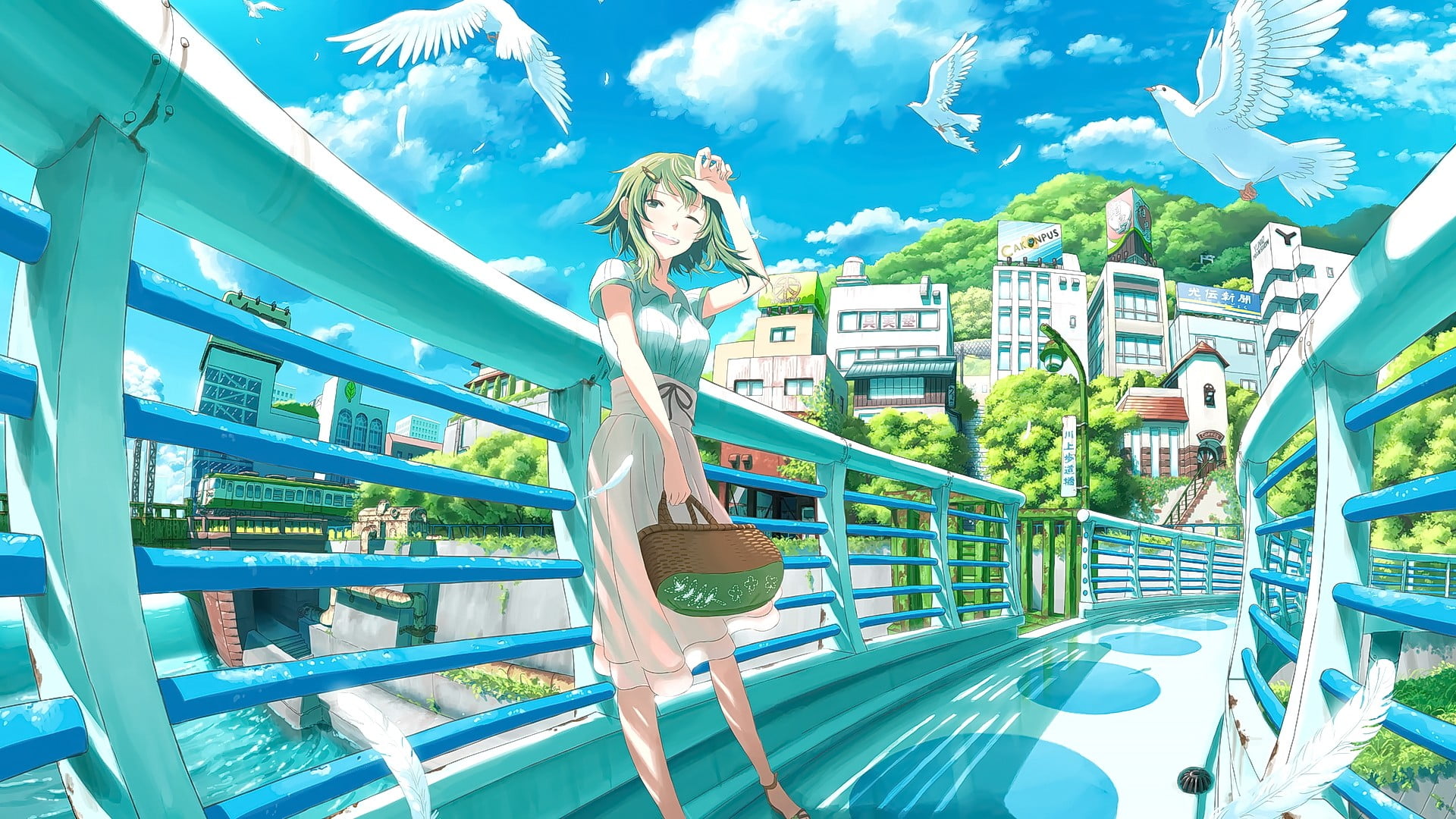 looking away, anime, beauty, anime girls, 1080P, railing, smiling, built structure, leisure activity, sunlight, animals, outdoors, one person, women, lifestyles, HD Wallpaper