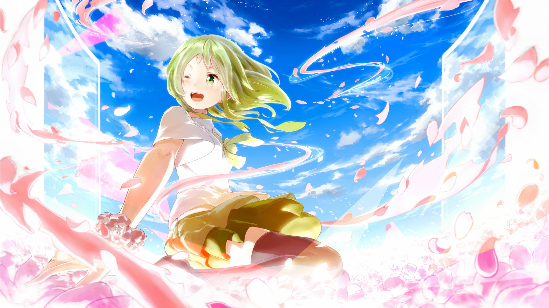 Vocaloid, thigh-highs, skirt, green eyes, Megpoid Gumi, green hair, anime girls, winking, 1080P, HD Wallpaper