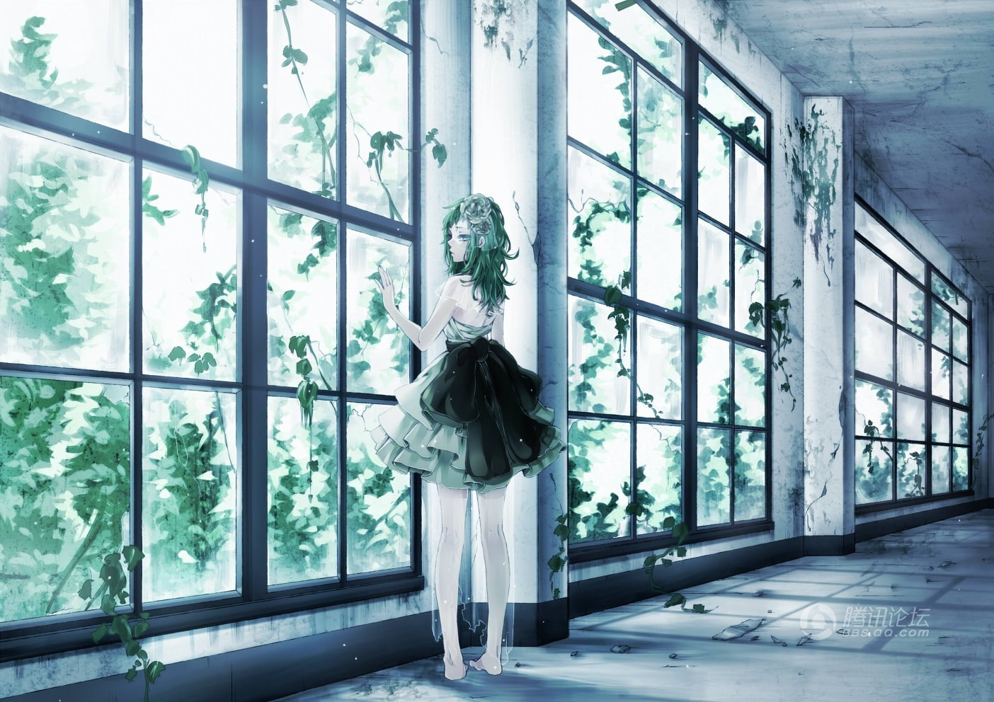 anime, dress, Vocaloid, Megpoid Gumi, green hair, 720P, window, HD Wallpaper