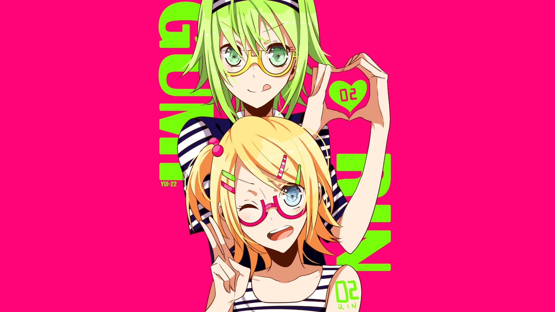 body paint, studio shot, pink background, Megpoid Gumi, multi colored, women, adult, Kagamine Rin, Vocaloid, one person, colored background, portrait, headshot, HD Wallpaper