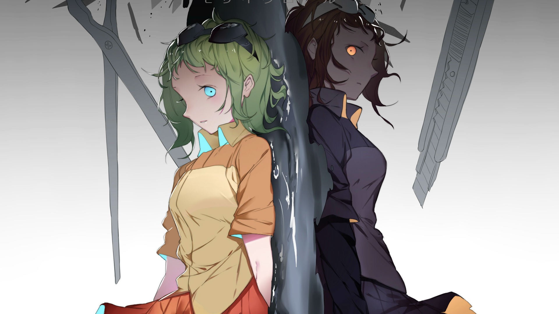 female, brunette, two, studio shot, standing, sky, women, 1080P, indoors, low angle view, human hair, nature, Vocaloid, scissors, real people, HD Wallpaper