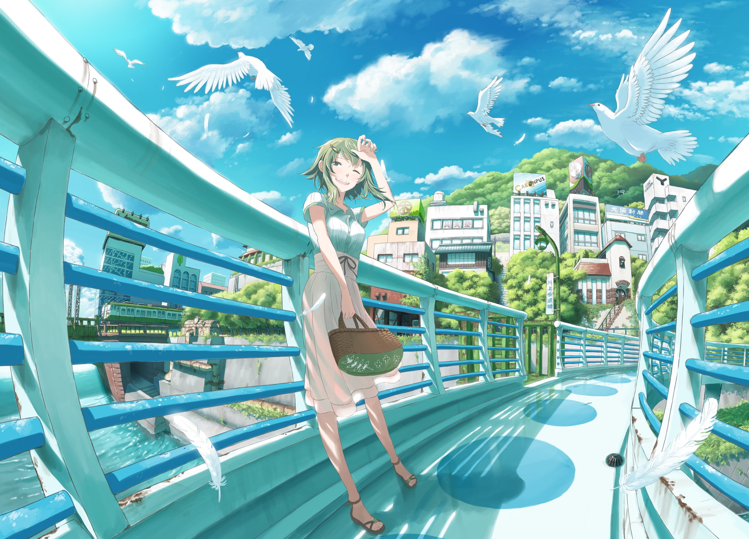 1080P, birds, Vocaloid, Megpoid Gumi, bridge, clouds, HD Wallpaper
