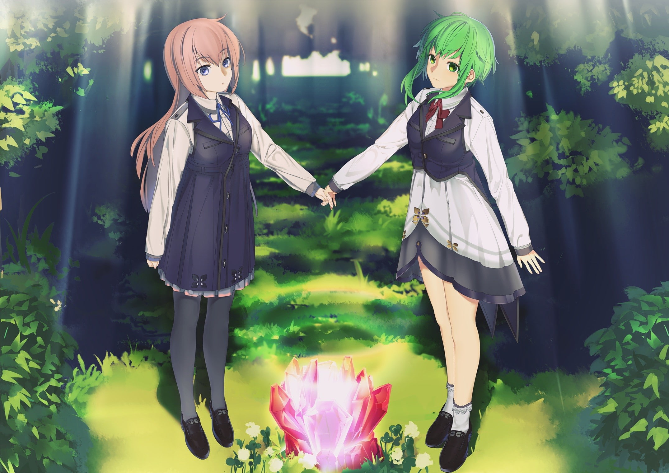 child, Megurine Luka, full length, plant, Megpoid Gumi, forest, standing, outdoors, Vocaloid, togetherness, males, short hair, sister, two people, anime girls, HD Wallpaper