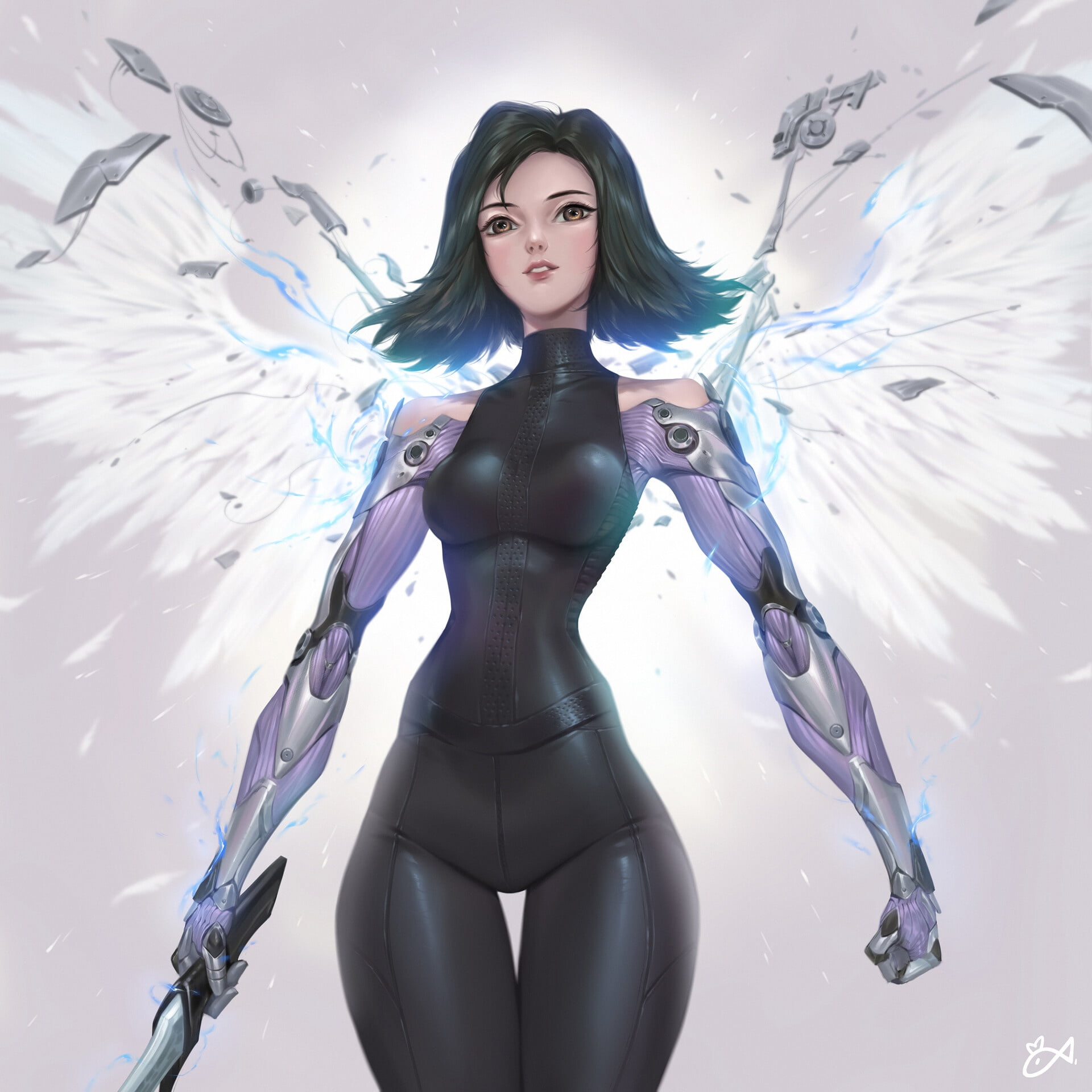 Look, by Citemer Liu, Alita: the Battle angel, Art, Brunette, Cyborg, Citemer Liu, 1080P, Alita, Sword, Wings, Alita: Battle Angel, Eyes, Artist, Phone HD Wallpaper