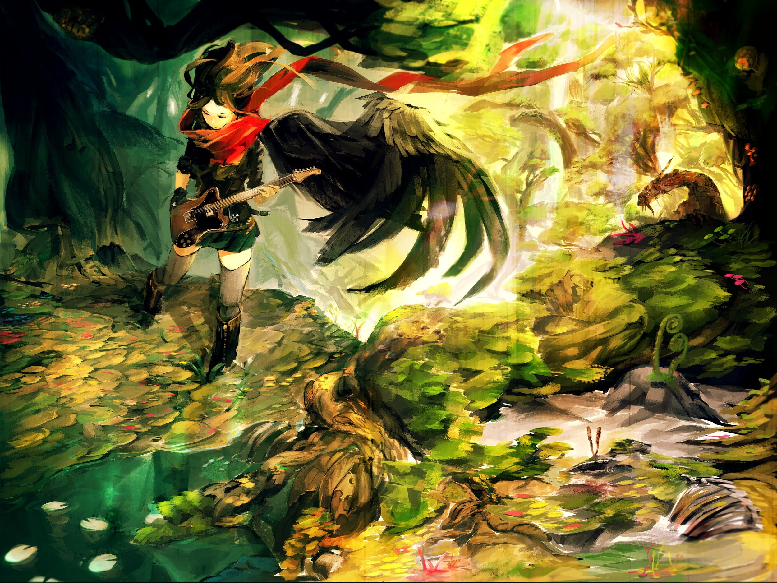 1080P, scarf, so-bin, wings, original characters, anime girls, guitar, HD Wallpaper
