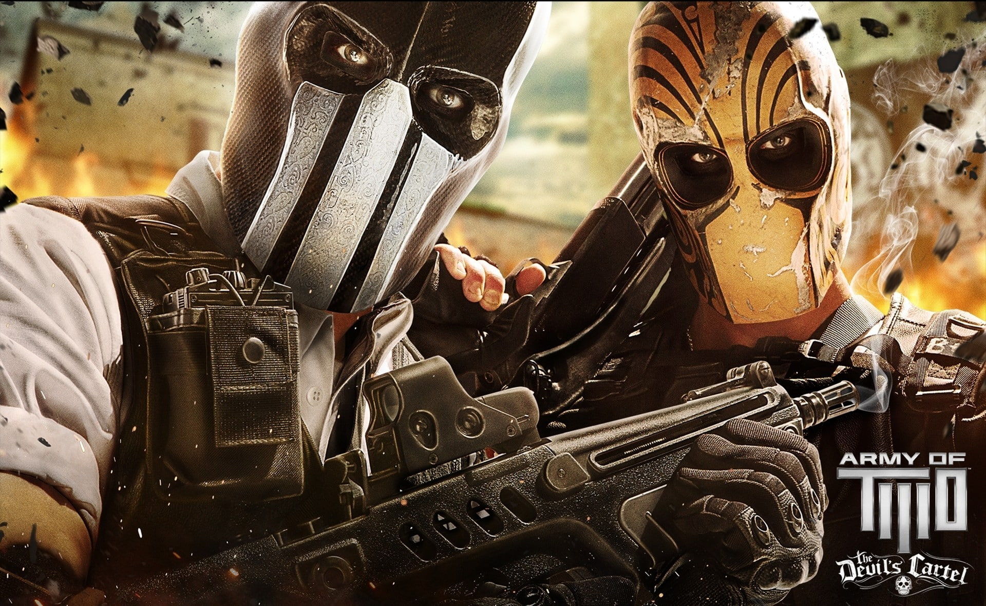 war, soldiers, the devils cartel, army of two, sake, 1080P, rifle, fire, mask, shotgun, flame, weapon, game, HD Wallpaper