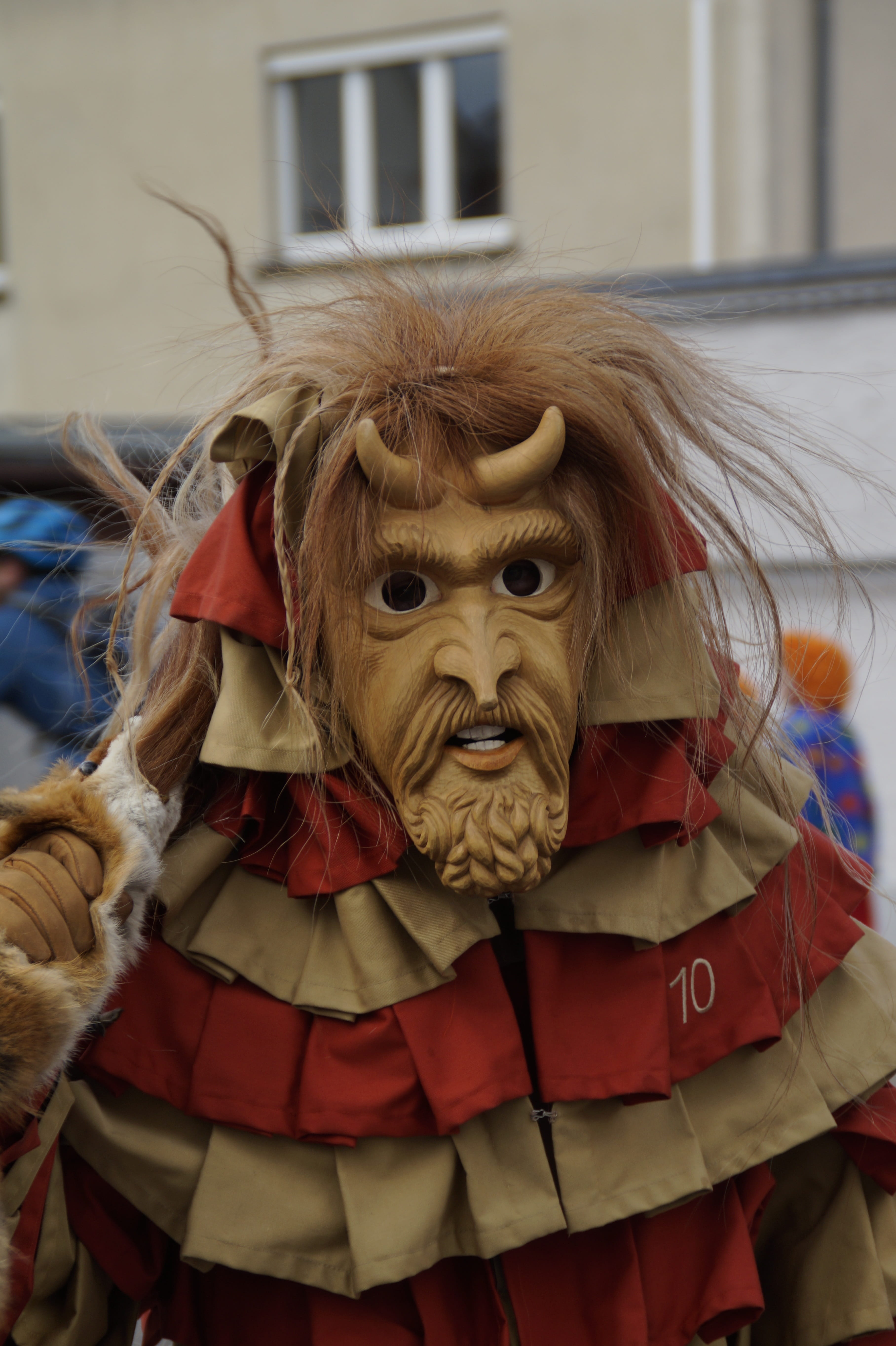 looking at camera, portrait, horned, zany goings-on, front view, 5K, red, costume, face, lifestyles, devil, baden württemberg, wooden mask, shrove monday, Phone HD Wallpaper