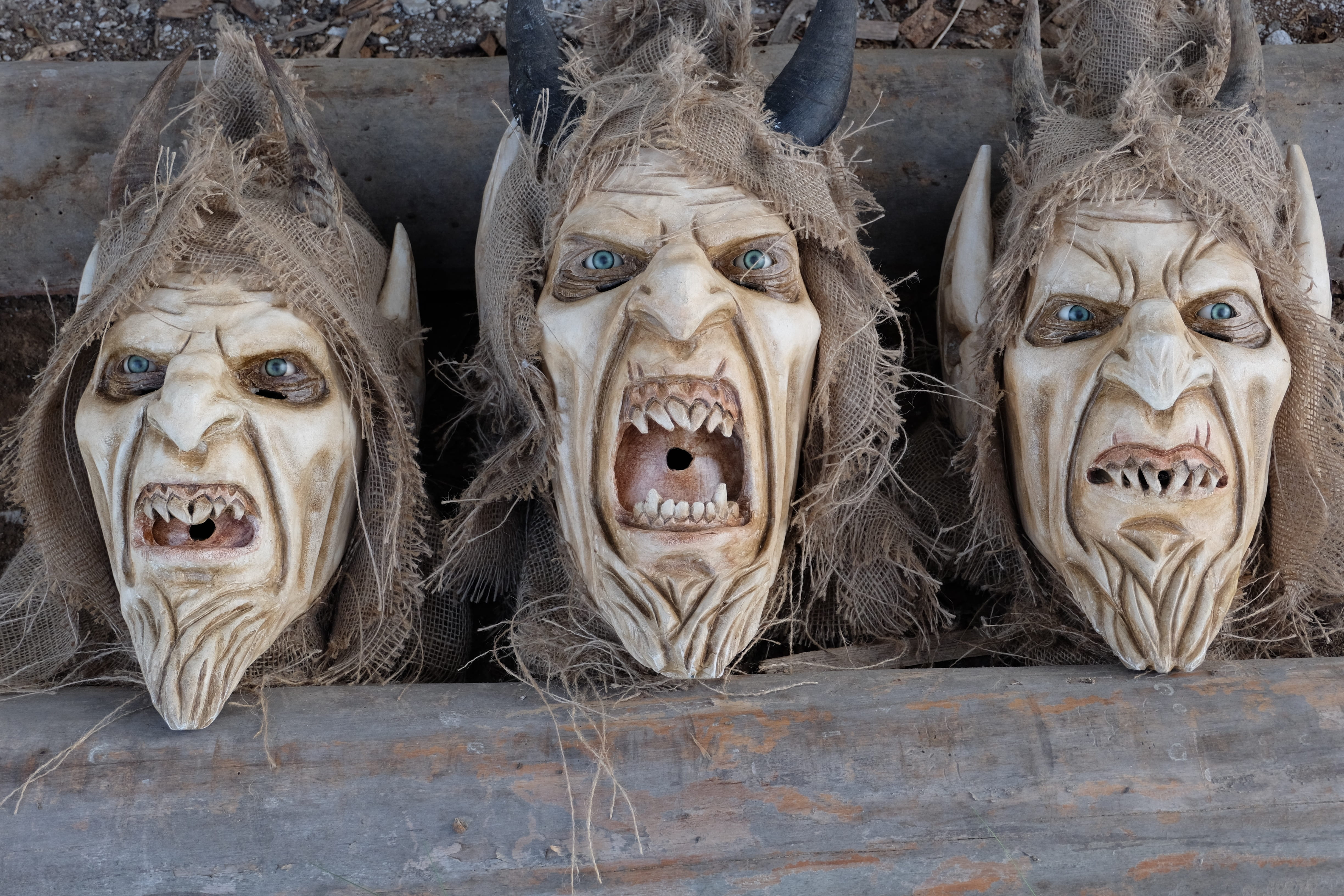 sculpture, no people, bust, tradition, 4K, wooden mask, close-up, human representation, austria, weird, male likeness, three, day, craft, fear, mask, head, HD Wallpaper