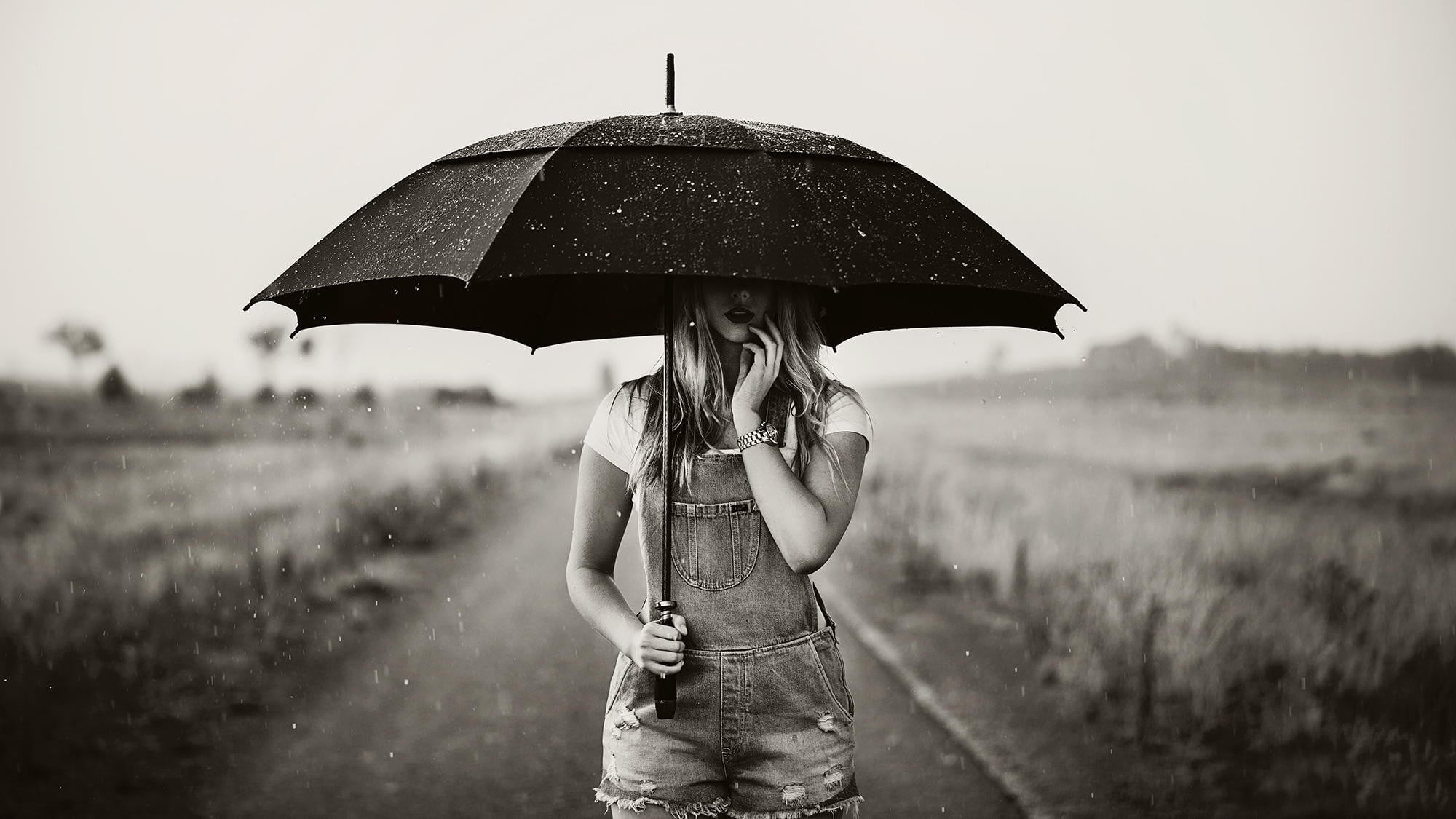 emotion, nature, hairstyle, outdoors, wet, rainy season, model, shorts, 1080P, s, women, romper, adult, hair, front view, water, monochrome, umbrella, HD Wallpaper