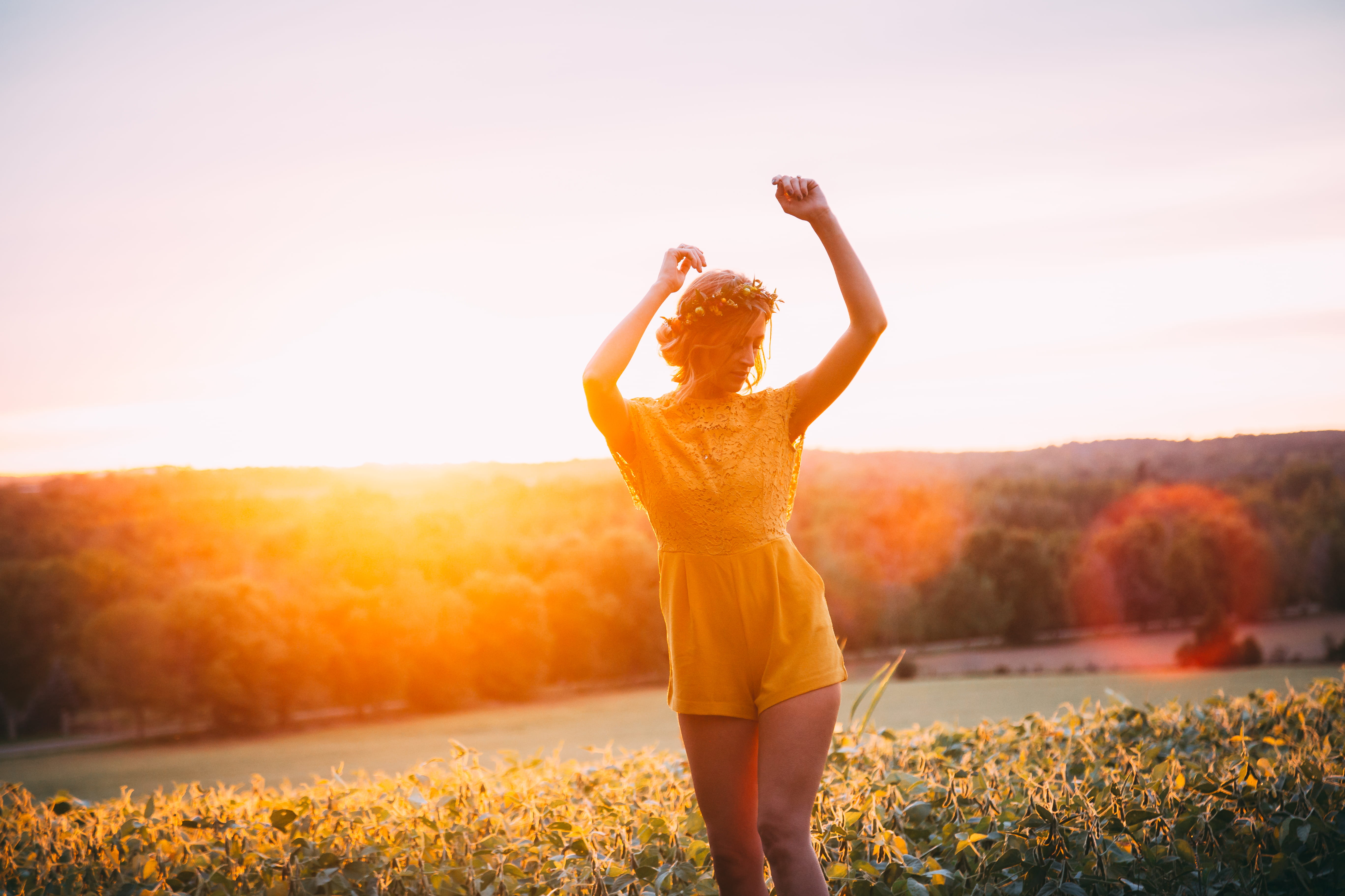 female, meadow, sunrise - Dawn, lifestyles, 5K, background, girl, love, crown, orange, orange Color, arms Outstretched, happiness, sunset, dance, people, HD Wallpaper