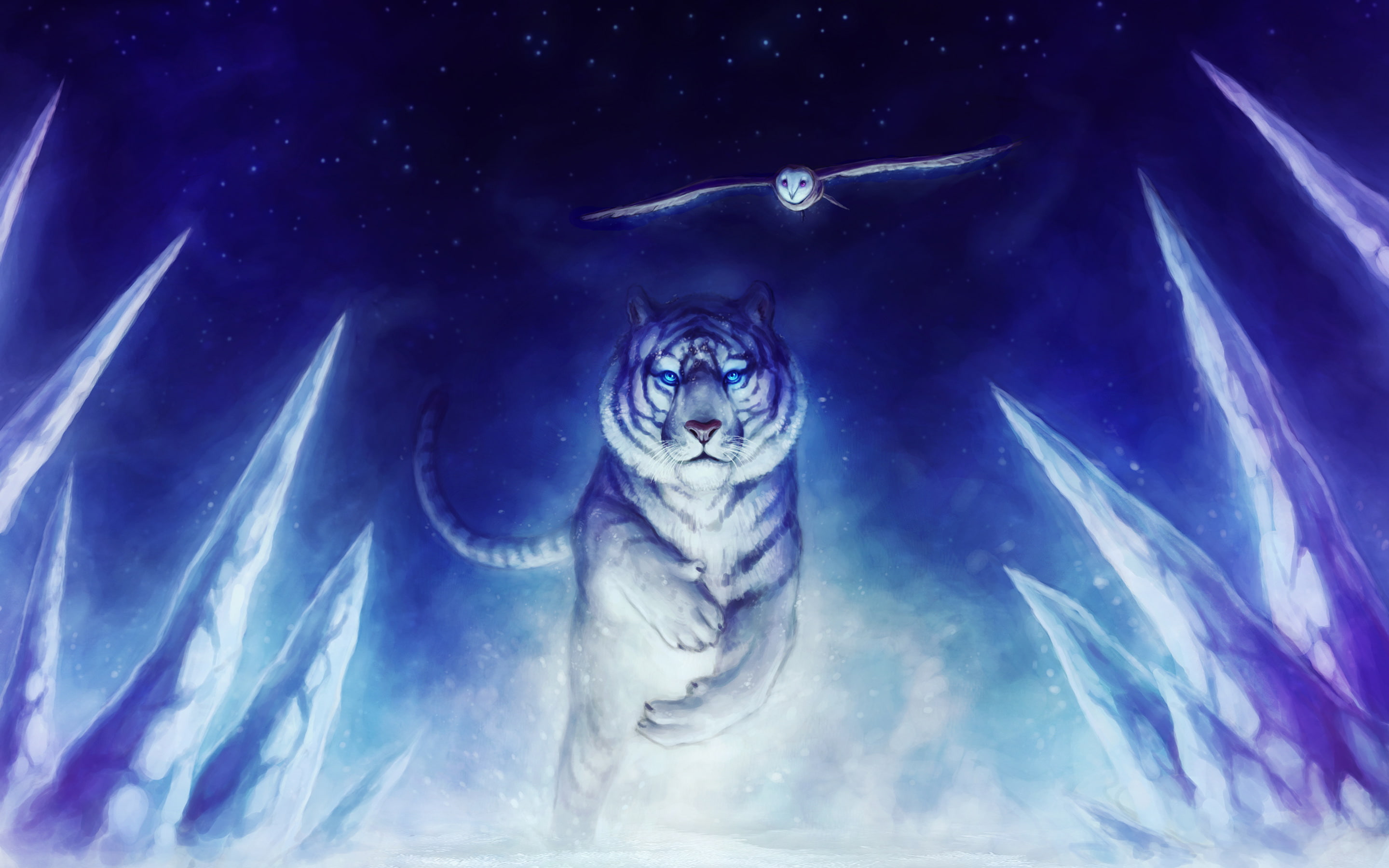 owl, tiger, art, white, 2K, HD Wallpaper