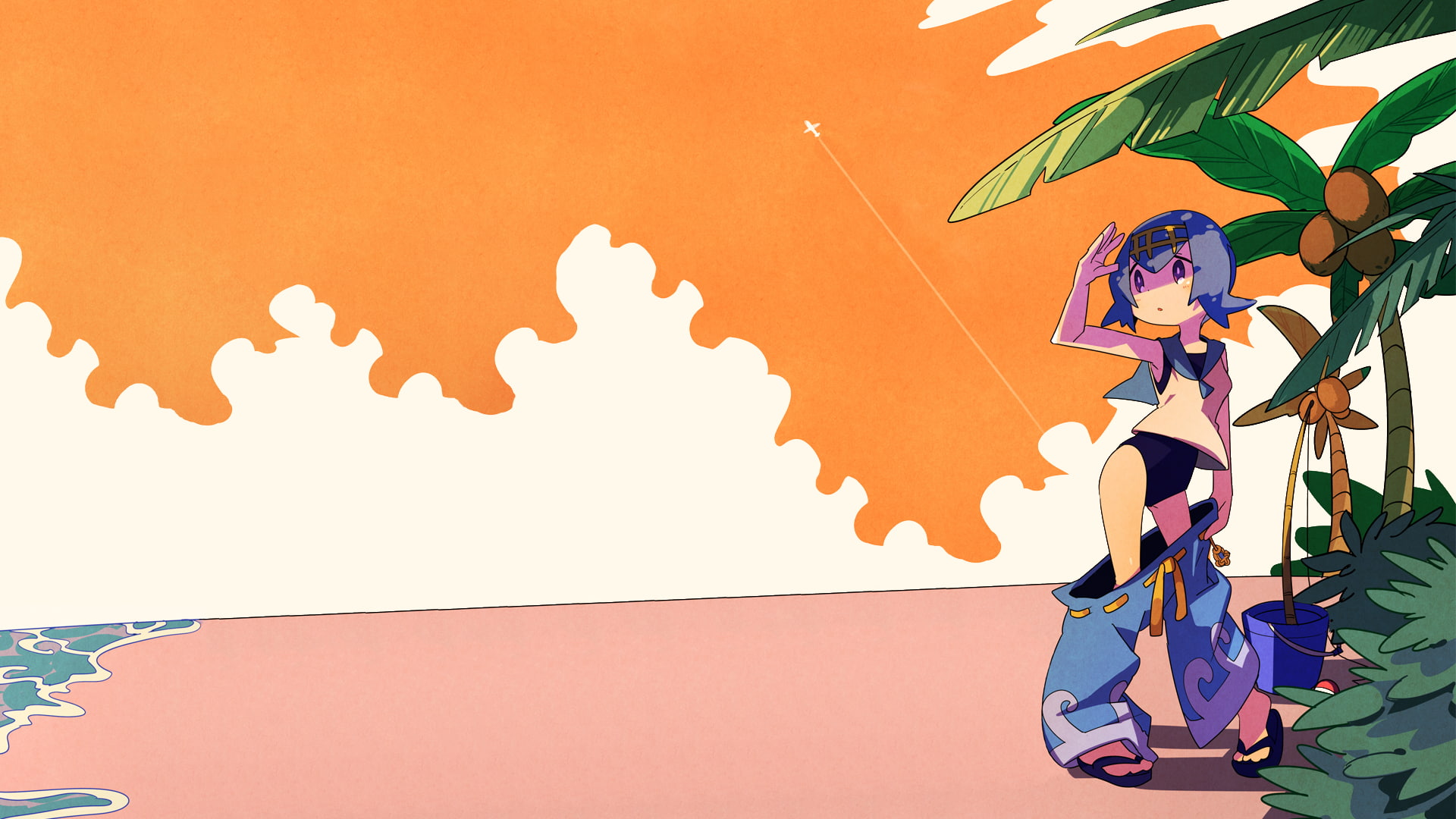 sea, orange, lana (suiren), Pokémon, 1080P, HD Wallpaper